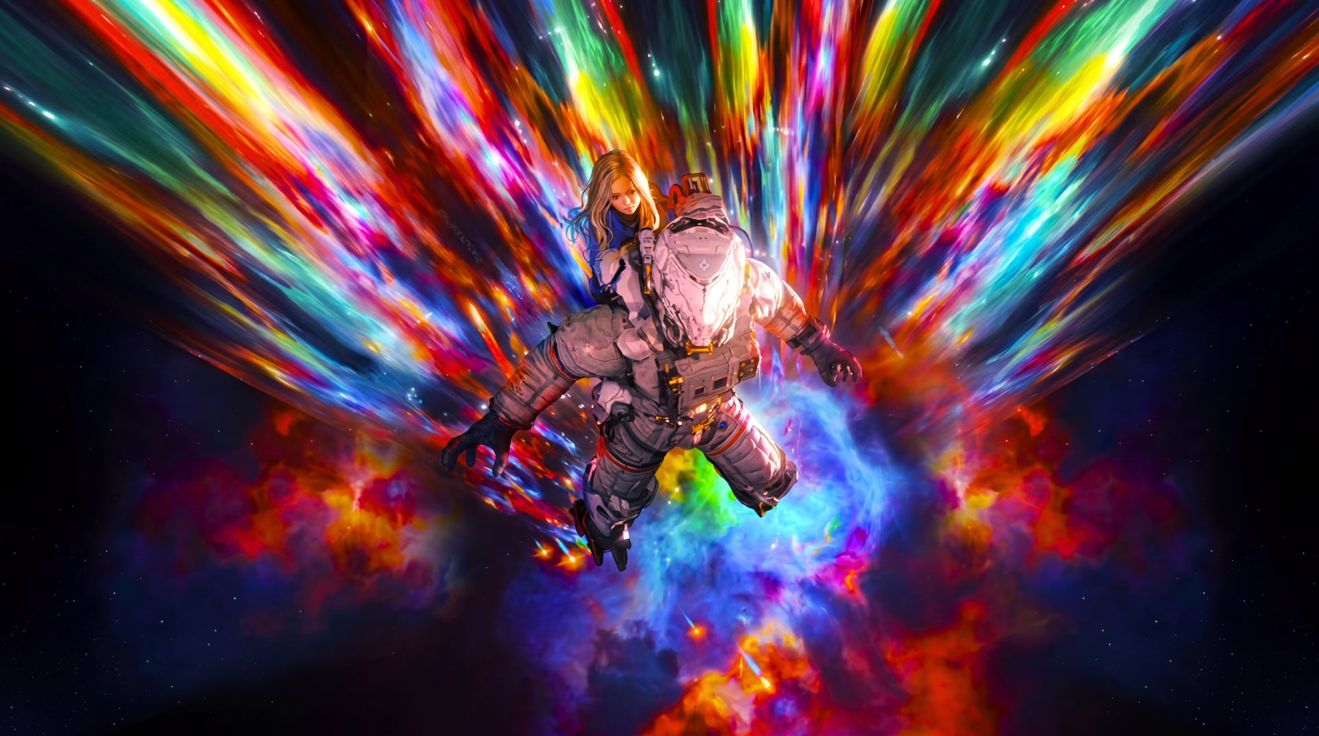 Pragmata video game (Capcom) 5K Ultra HD PC desktop wallpaper: armored astronaut diving through a vibrant, multicolored cosmic burst.