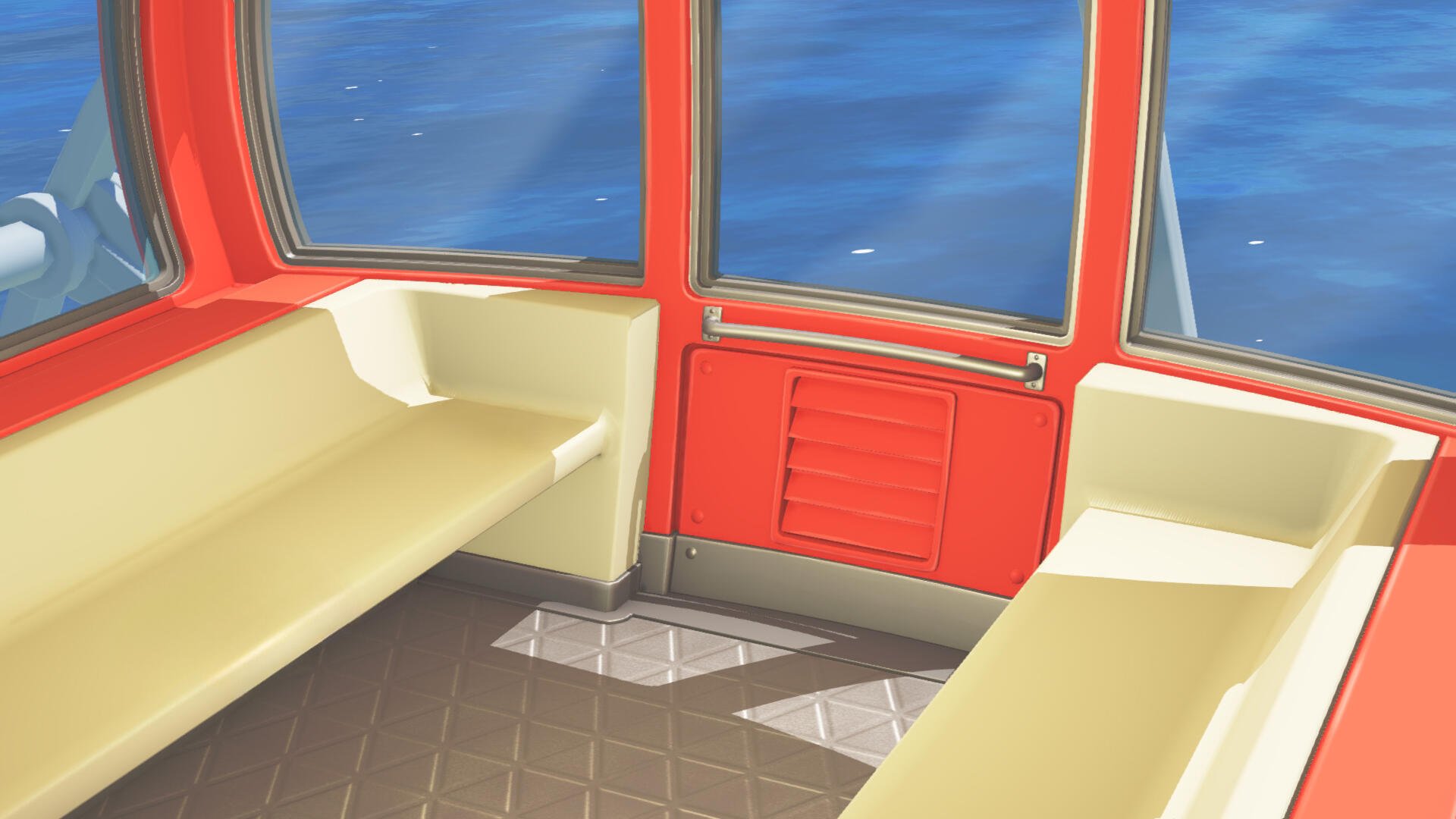 Tomodachi Life: Living the Dream HD PC desktop wallpaper depicting a stylized red-and-cream ferry cabin with bench seating and a calm ocean view framed by large windows.