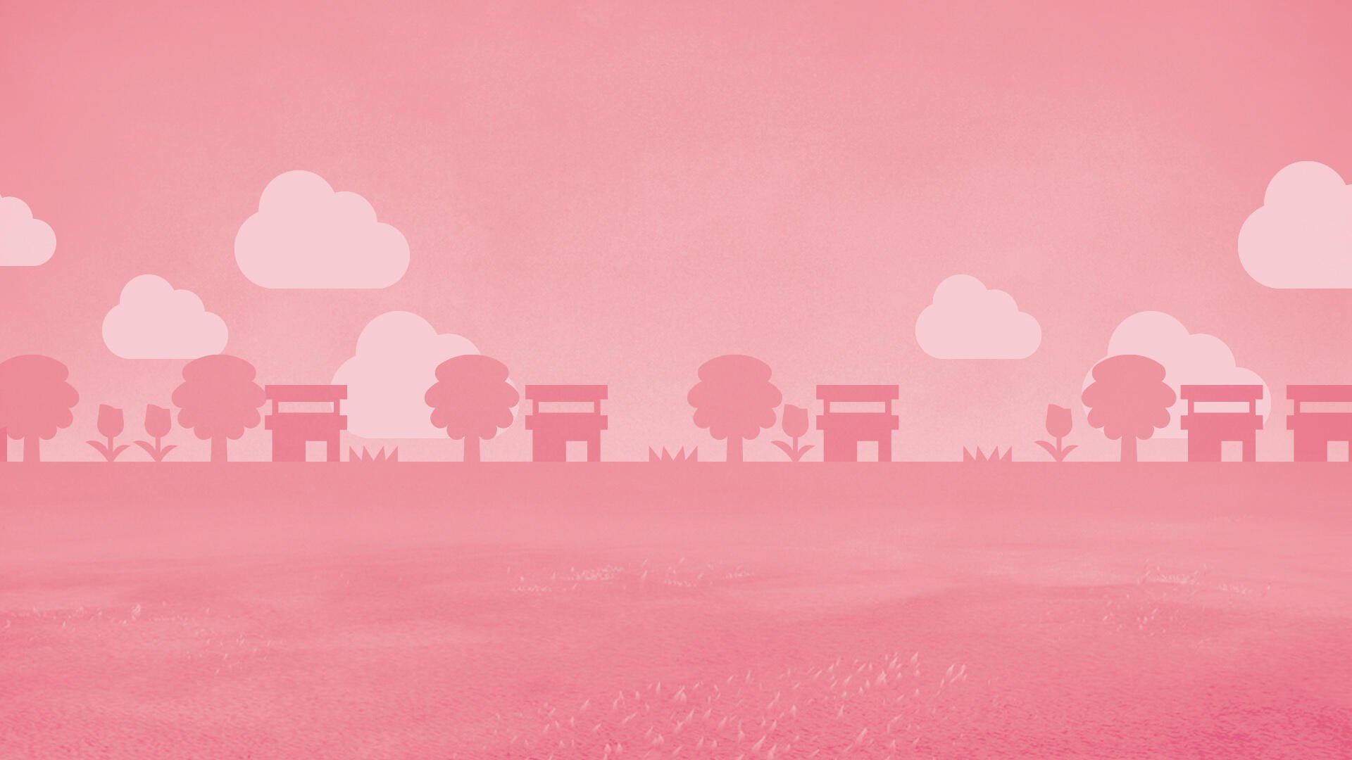 Tomodachi Life / Tomodachi Life: Living the Dream HD PC desktop wallpaper — pastel pink landscape with benches, trees and fluffy clouds in a minimalist silhouette.