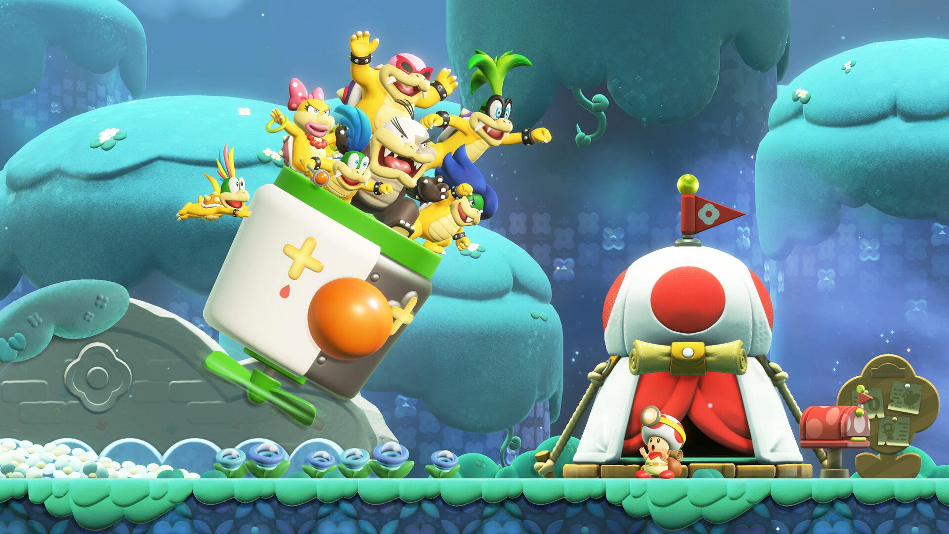 Super Mario Bros. Wonder HD PC desktop wallpaper: Mario and a Toad before a red-and-white Toad house as a multi‑Koopa flying contraption tilts overhead in a bright, cartoony landscape.