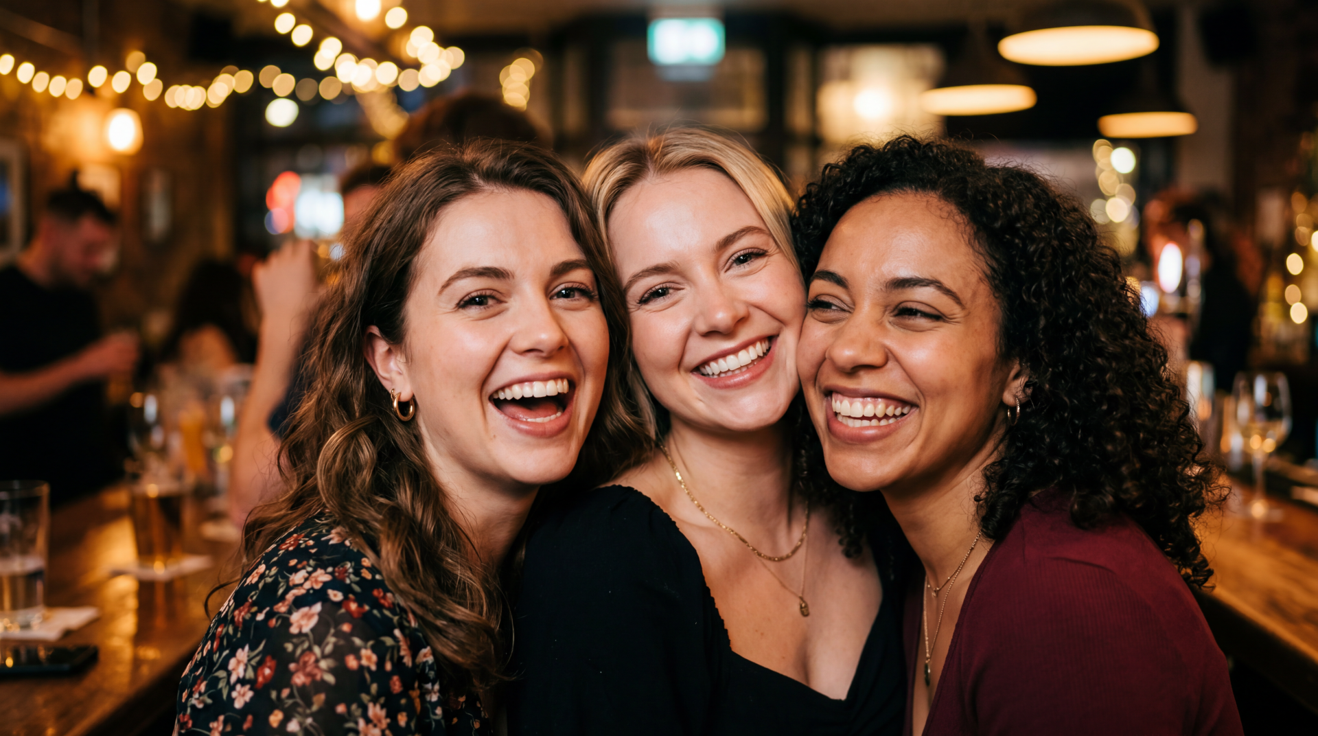 Three friends laughing at a cozy bar; girls' night captured in a warm, candid 5K Ultra HD PC desktop wallpaper and background.