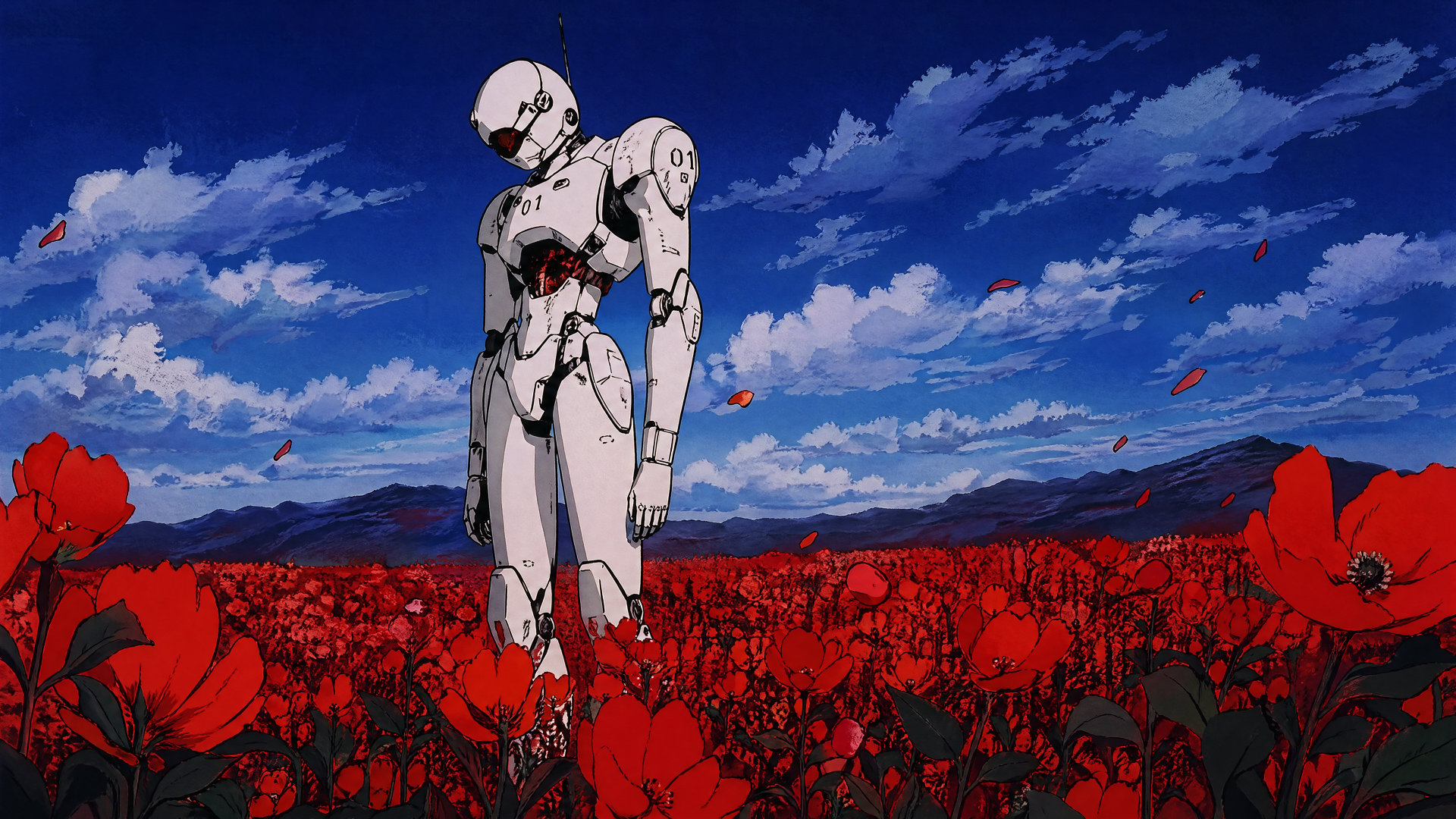 Sci-fi white robot stands amid a sea of red poppies beneath a dramatic blue sky — 4K Ultra HD PC desktop wallpaper/background.