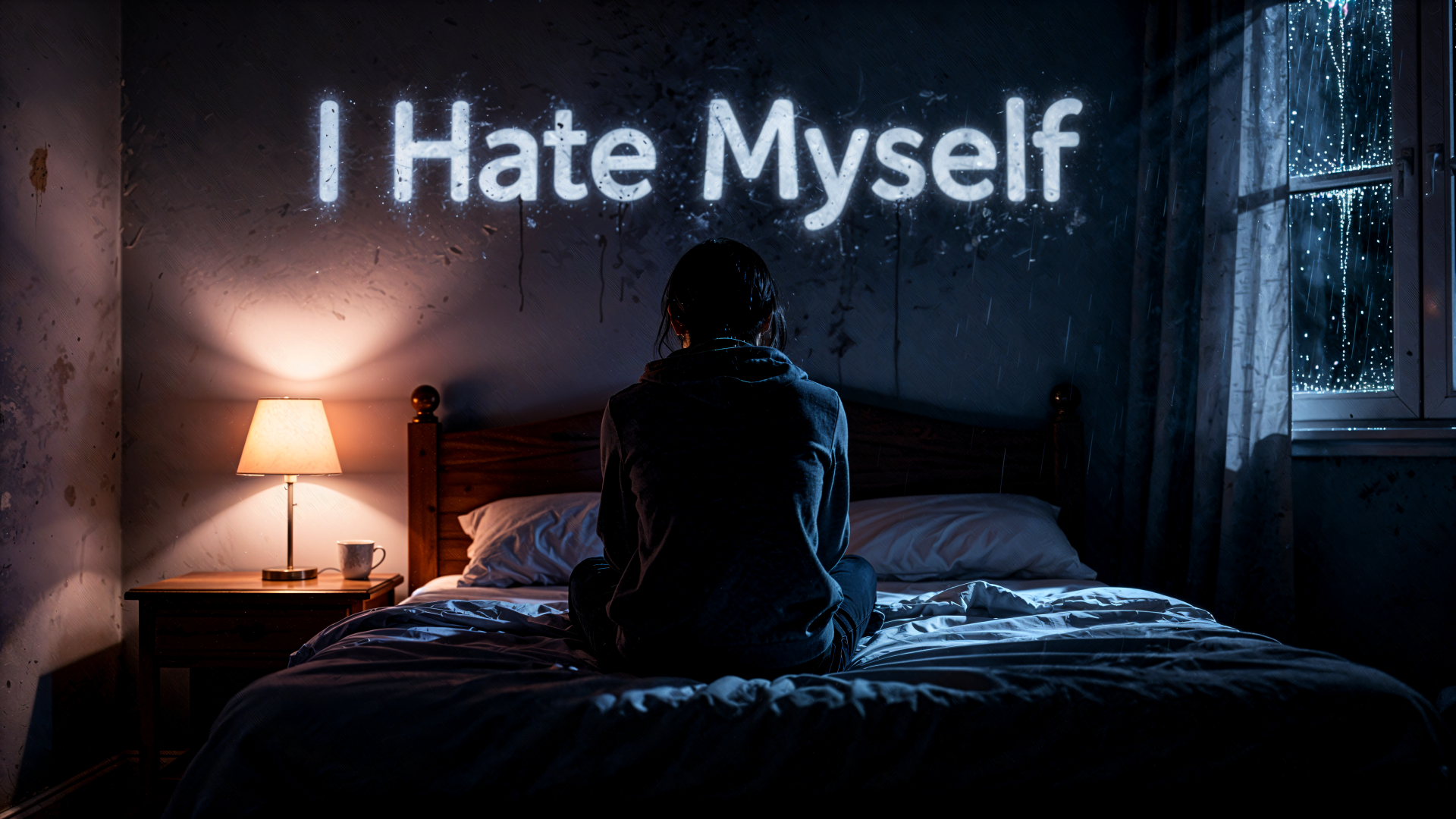 4K Ultra HD PC desktop wallpaper: a lone figure sits on a bed in a dim room, I Hate Myself glowing on the wall, conveying deep sadness and depression.