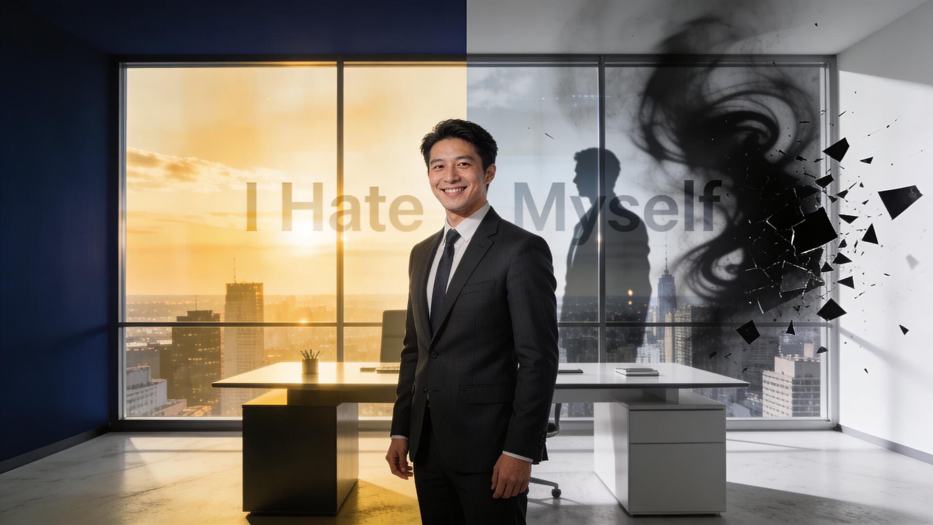 4K Ultra HD PC desktop wallpaper of a smiling businessman in a split office: warm golden city view left, monochrome fractured shadow and the words I Hate Myself on the right.