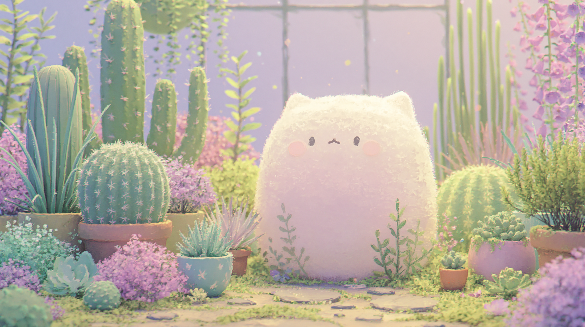 Cute fluffy chubby white cat-like creature among pastel cacti and succulents in a sunlit greenhouse — 2K Quad HD PC desktop wallpaper and background.