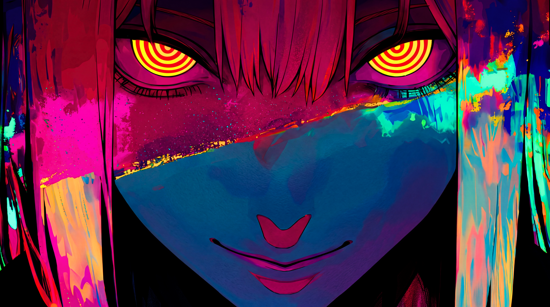 Close-up watercolor painting of Makima (Chainsaw Man): neon anime portrait with hypnotic spiral glowing eyes, vivid brushstrokes and color, rendered as a 5K Ultra HD PC desktop wallpaper.