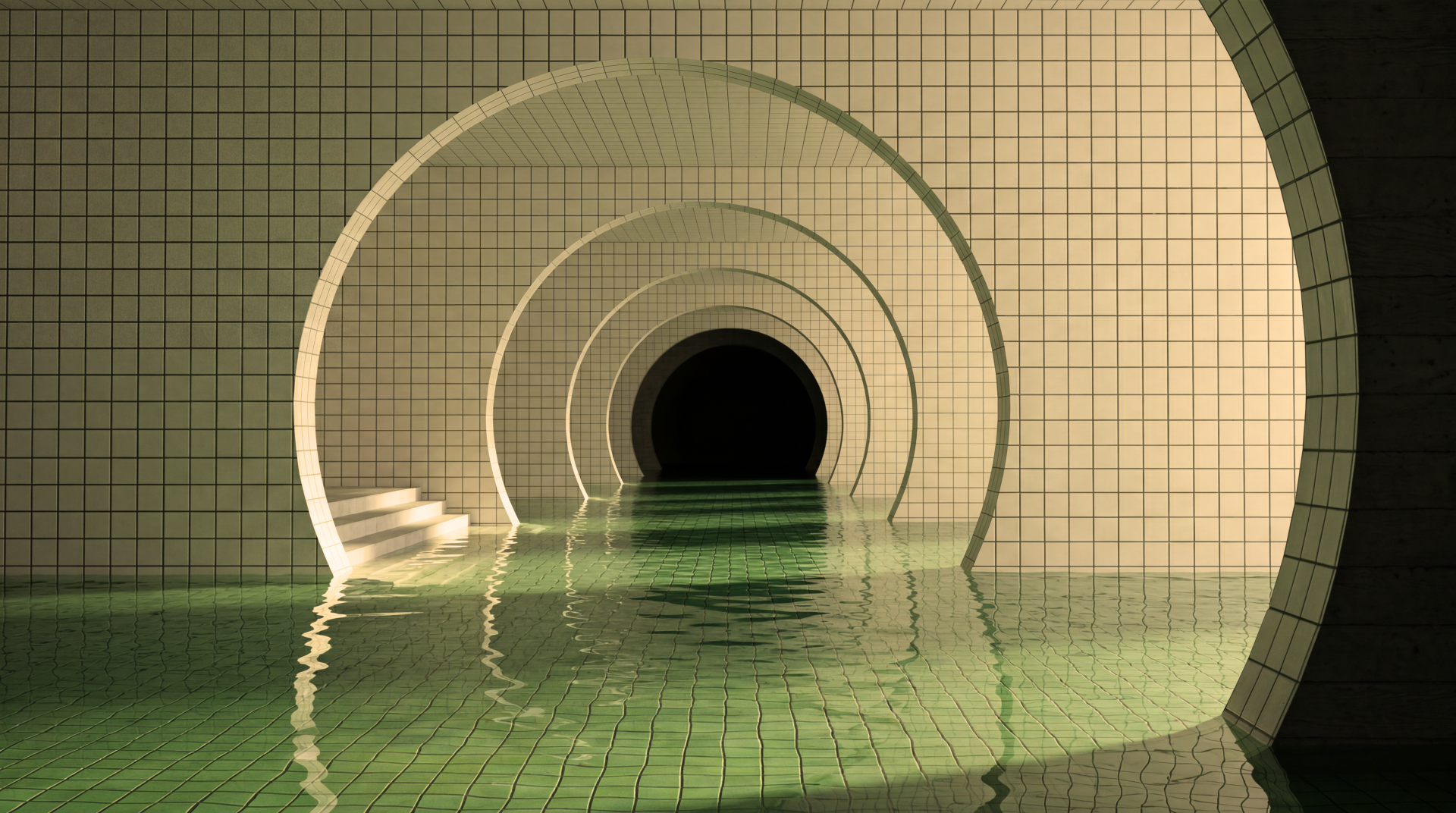 Poolcore liminal scene of white-tiled arched pool tunnel, green water reflections and eerie atmosphere — 5K Ultra HD PC desktop wallpaper.