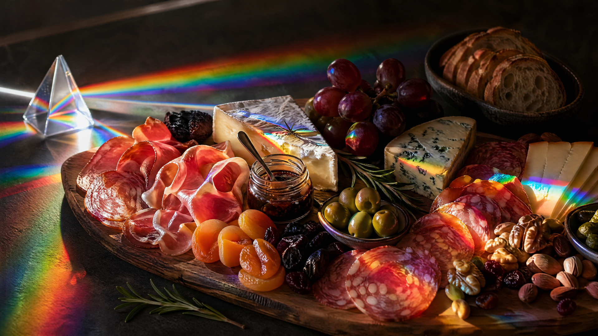 4K Ultra HD PC desktop wallpaper and background: a vibrant charcuterie board with cured meats, cheeses, olives, apricots, grapes, nuts and bread on a wooden board lit by prism rainbow light.
