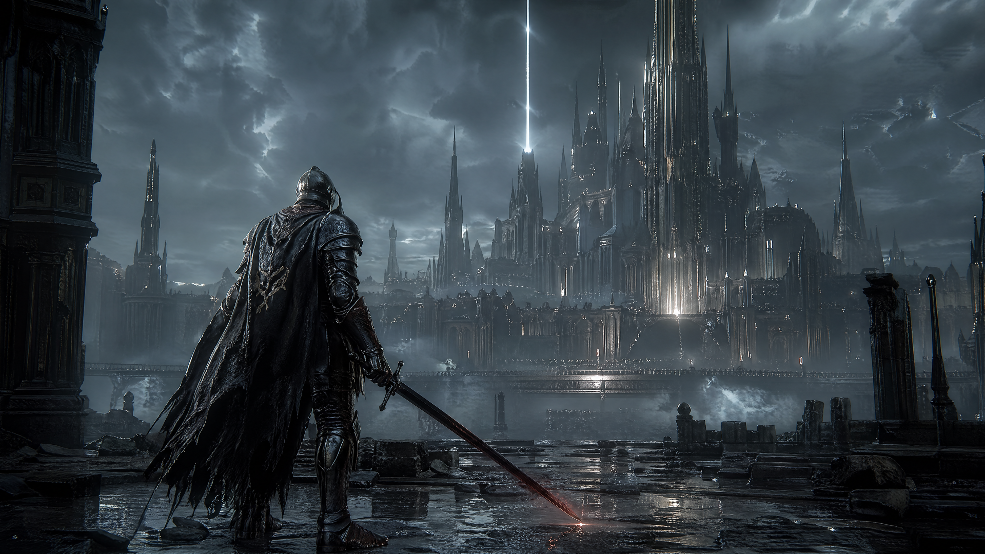 Dark Souls 4K Ultra HD PC desktop wallpaper and background: lone armored knight with bloodied sword faces a towering, storm-lit gothic castle across flooded, ruined battlements.