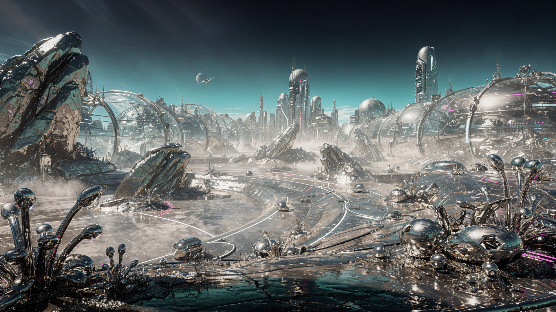 Futuristic alien landscape 4K Ultra HD PC wallpaper background: metallic domes, crystalline rocks, reflective pools, winding paths under a teal sky with distant spires and moons.