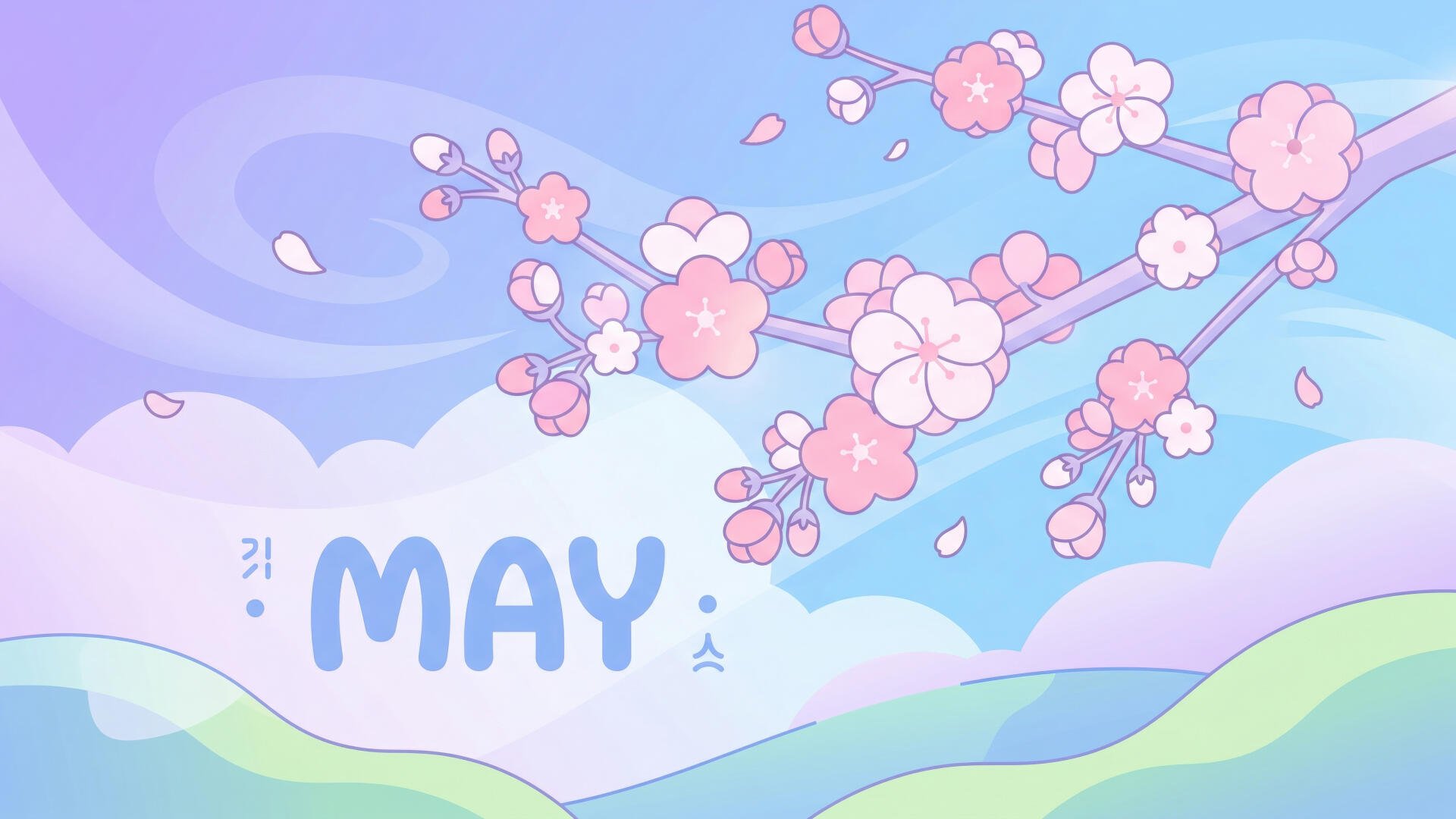 Minimalist pastel May scene: cherry blossoms drifting over rolling hills, soft clouds and MAY lettering — 5K Ultra HD PC desktop wallpaper.