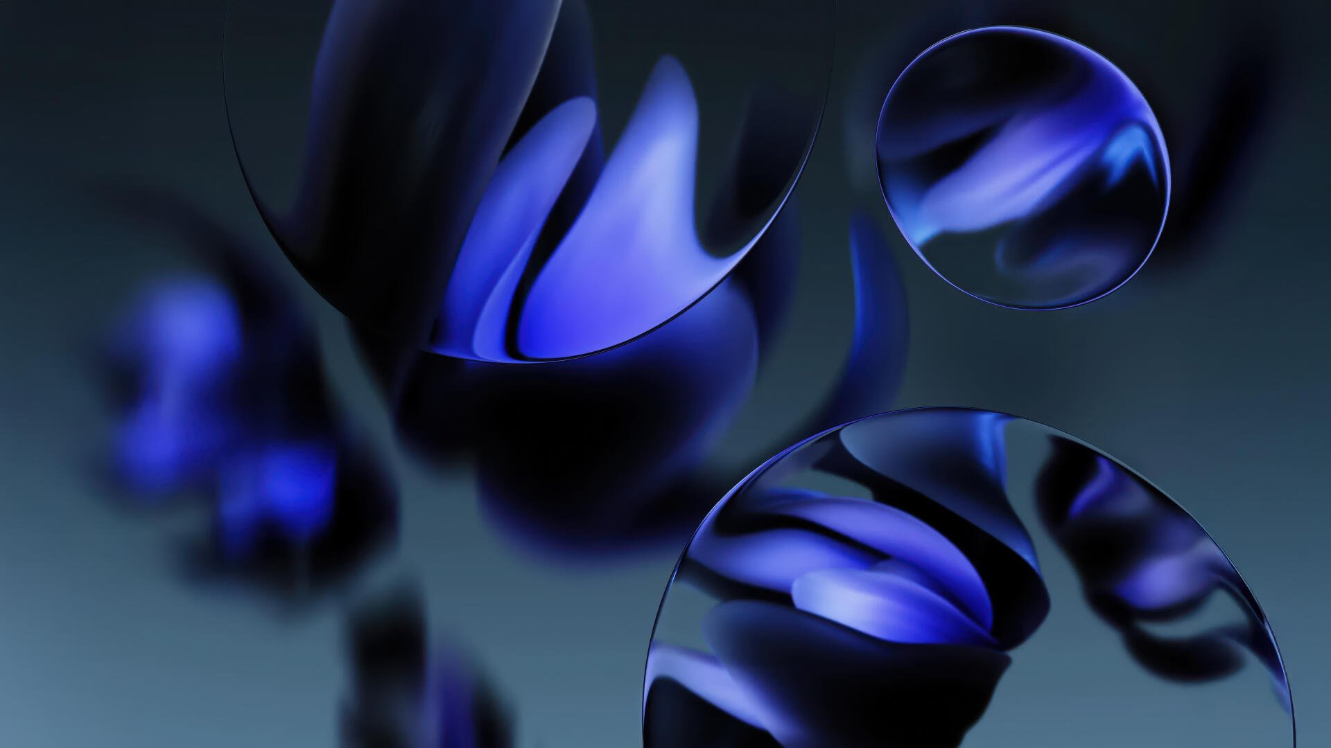 Dark blue abstract curves and glossy circular reflections in a blue aesthetic — 5K Ultra HD PC desktop wallpaper/background.