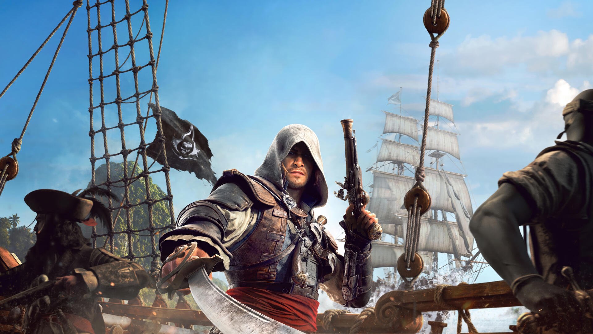 Assassin's Creed Black Flag Resynced game art: hooded pirate assassin on a ship deck aiming a flintlock pistol, sails and sea behind — 4K Ultra HD PC desktop wallpaper.