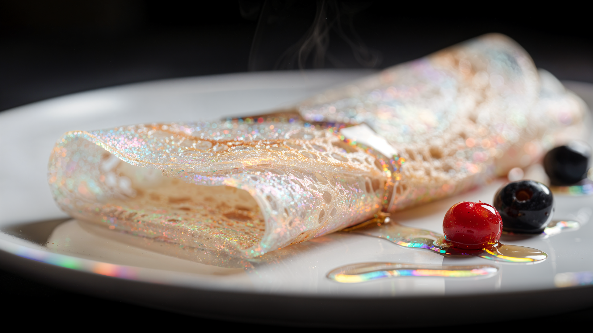 4K Ultra HD PC desktop wallpaper of a delicate crêpe folded on a white plate, glistening with syrup and two berries, steam rising against a soft blurred background.
