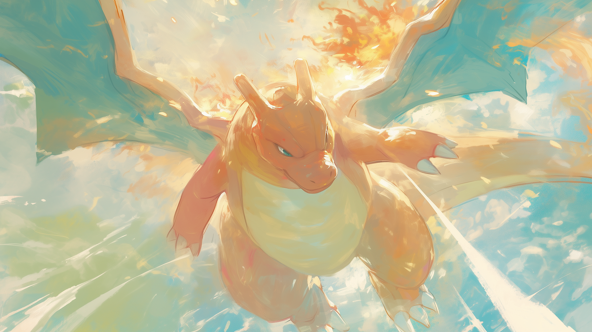 Charizard (Pokémon) anime-style 2K Quad HD PC desktop wallpaper: fiery orange dragon soaring with wings spread amid splashing water and glowing flames.
