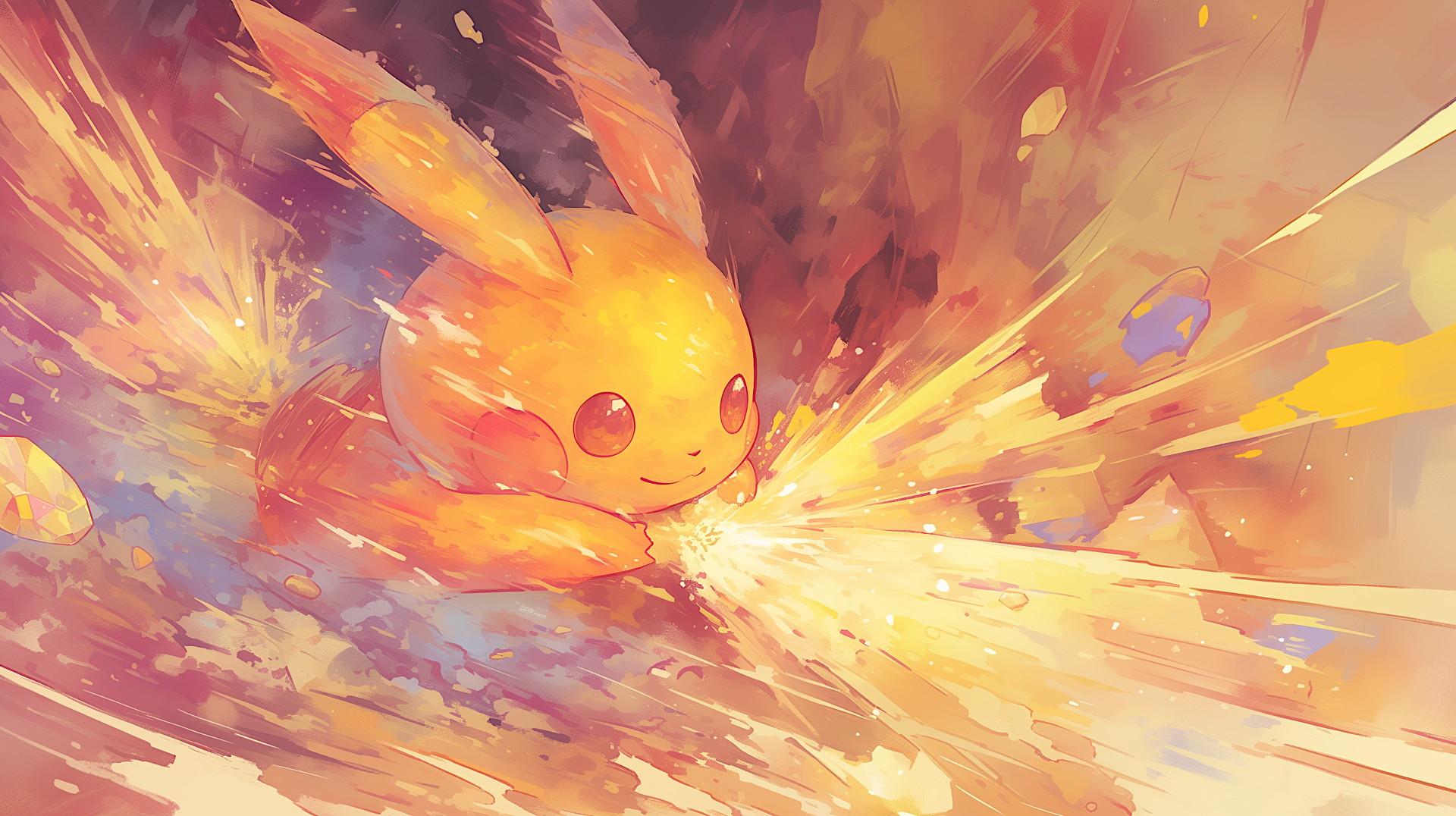 Painterly anime Pikachu (Pokémon) surging through golden electric sparks in a vivid 2K Quad HD PC desktop wallpaper background.