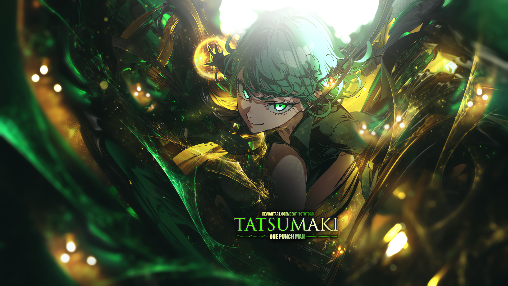 Tatsumaki surrounded by swirling green psychic energy, intense gaze and dramatic lighting — 4K Ultra HD PC desktop wallpaper/background.