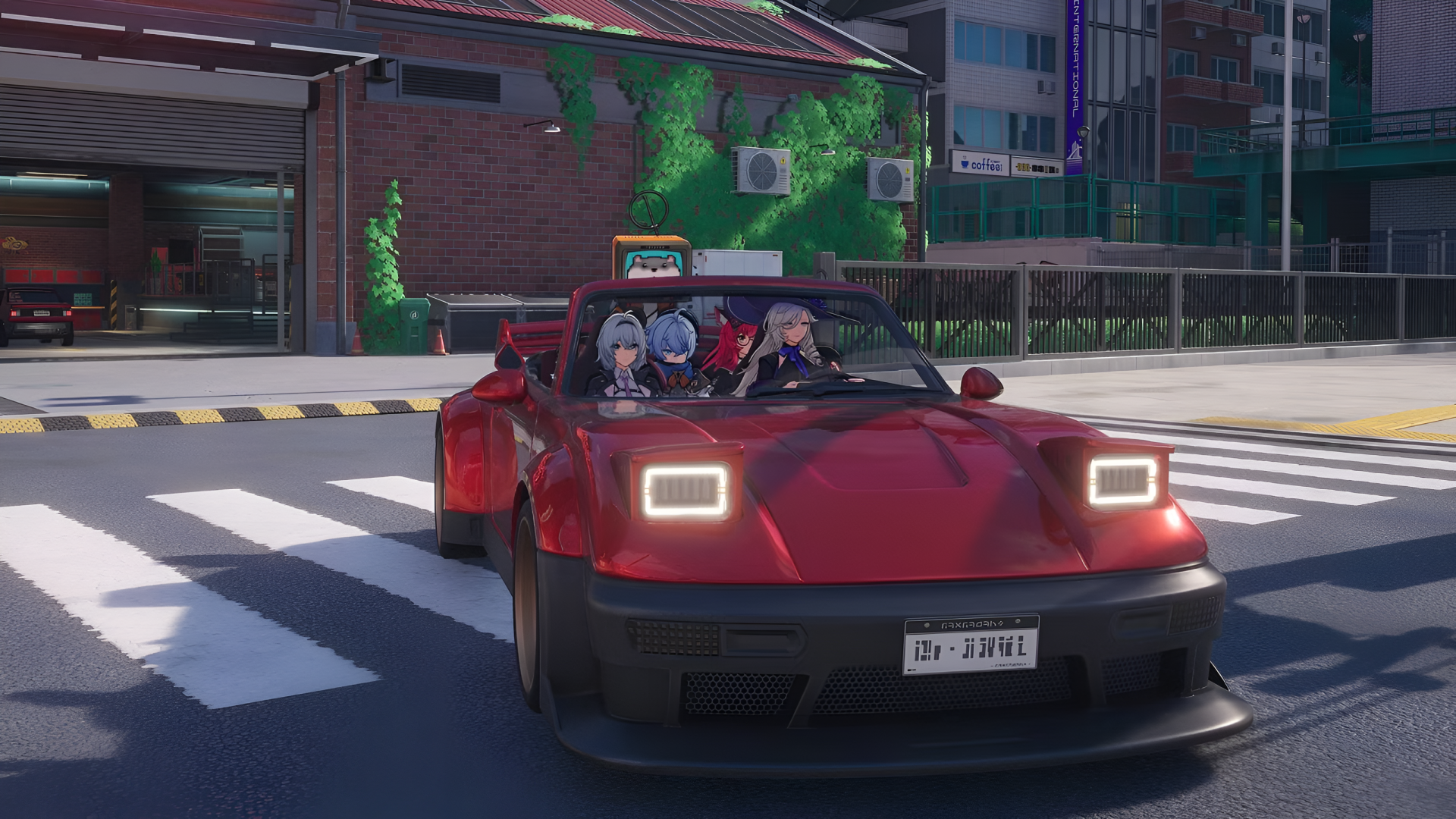 Video game 2K Quad HD PC desktop wallpaper/background for Neverness to Everness: three characters in a red convertible crossing a sunlit city intersection.