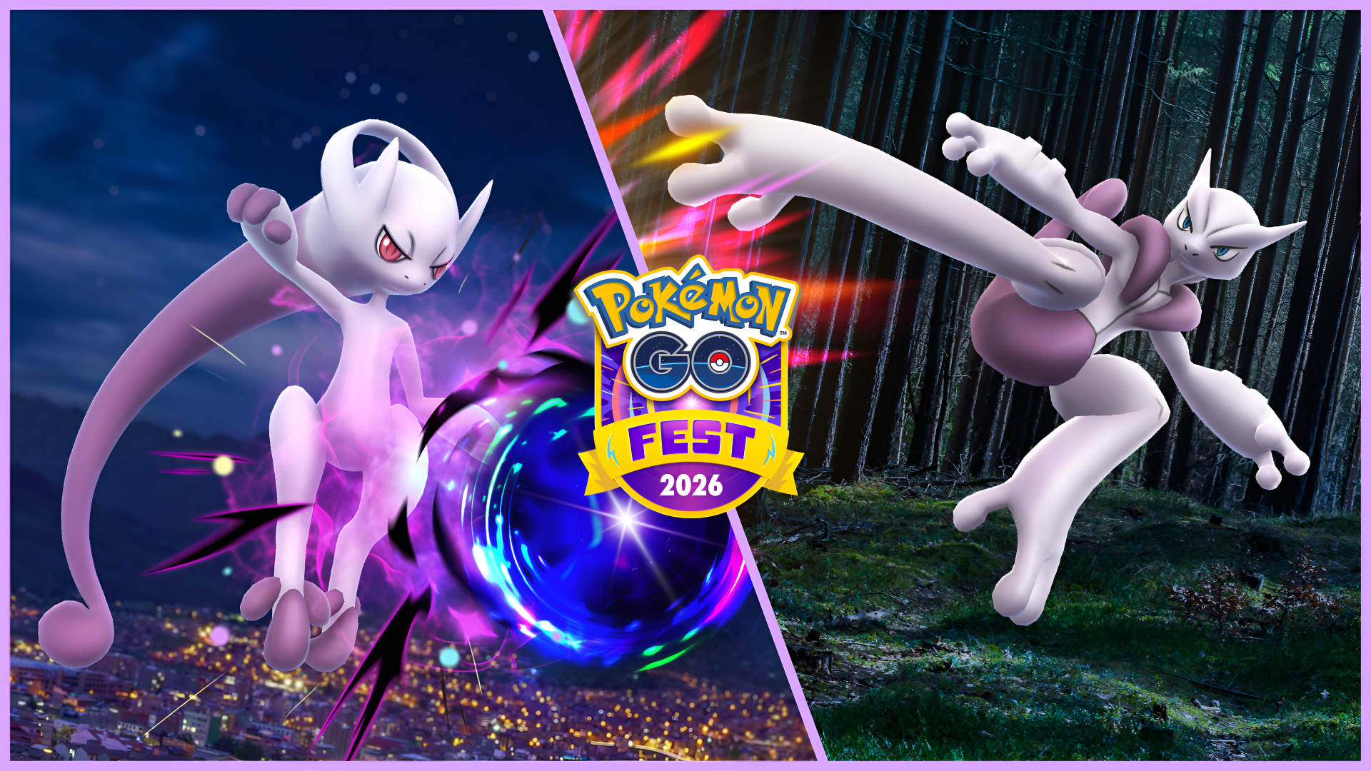 4K Ultra HD PC desktop wallpaper for the mobile game Pokémon GO featuring legendary Mega Mewtwo X and Mega Mewtwo Y with a Pokémon GO Fest 2026 emblem.