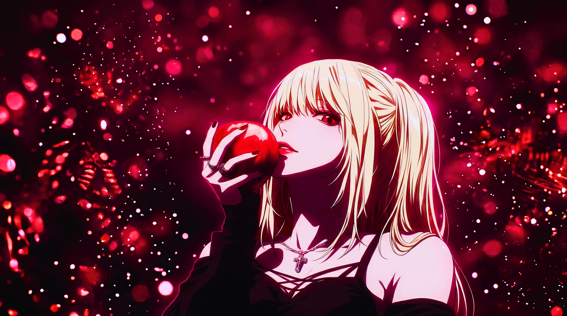 5K Ultra HD PC wallpaper of Misa Amane from Death Note: gothic anime girl with Shinigami eyes holding a red apple against a dark, glittering crimson background.
