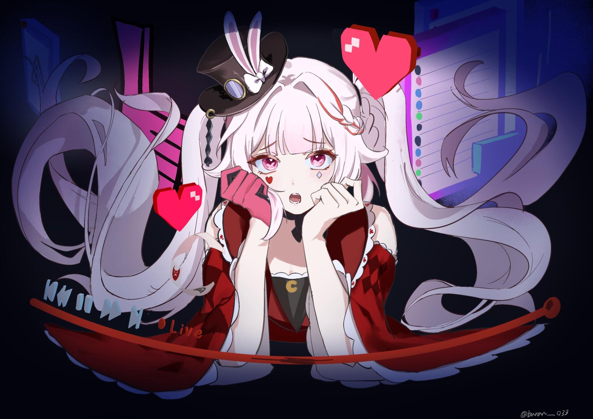 HD PC wallpaper of Sparxie from the video game Honkai: Star Rail — pink-haired, twin-tailed character resting her chin on her hands with floating hearts and neon purple-blue backdrop.