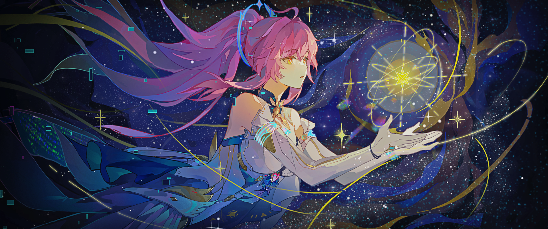 Aemeath from Wuthering Waves, pink-haired video game girl in flowing outfit conjures a glowing star against a starry 2K Quad HD PC desktop wallpaper background.