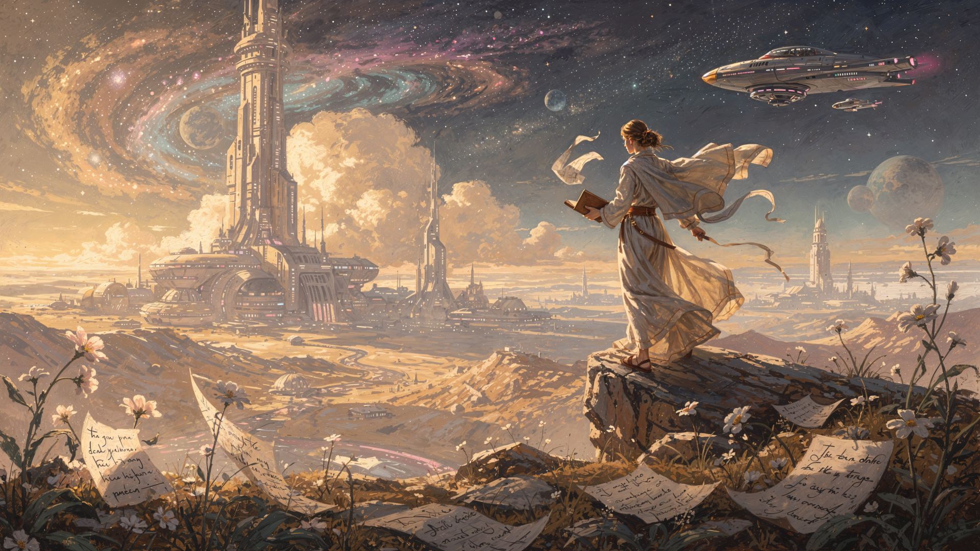 Poetcore 4K Ultra HD PC desktop wallpaper: lone poet in flowing robes on a cliff scattering papers toward a vast futuristic city under swirling galaxy skies with floating airships.