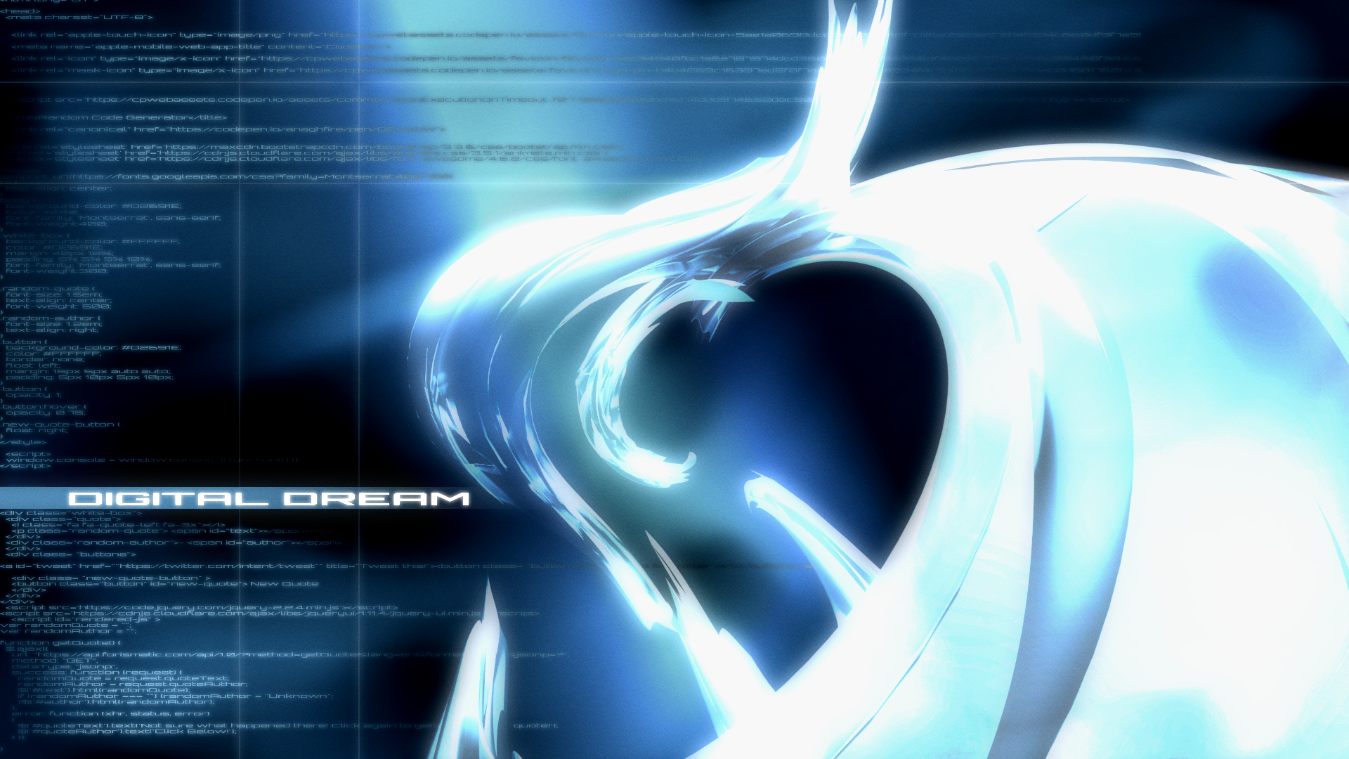 Y2K metalheart abstract HD PC desktop wallpaper: glowing metallic heart spiral in blue-white light with streaming code and DIGITAL DREAM text.