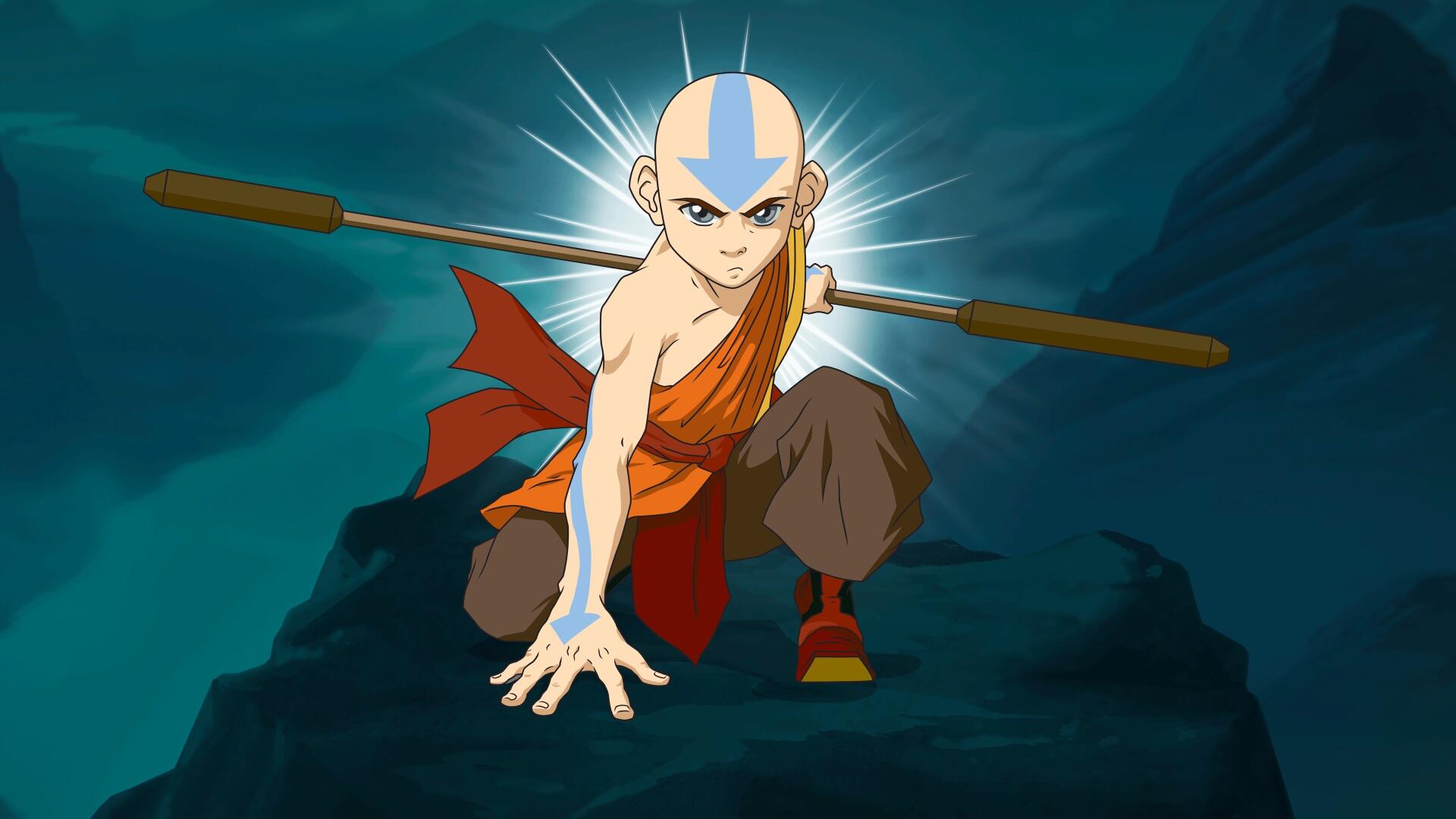 Aang from Avatar: The Last Airbender crouched on a cliff with his arrow glowing and staff across his shoulders — vivid 4K Ultra HD PC desktop wallpaper and background.