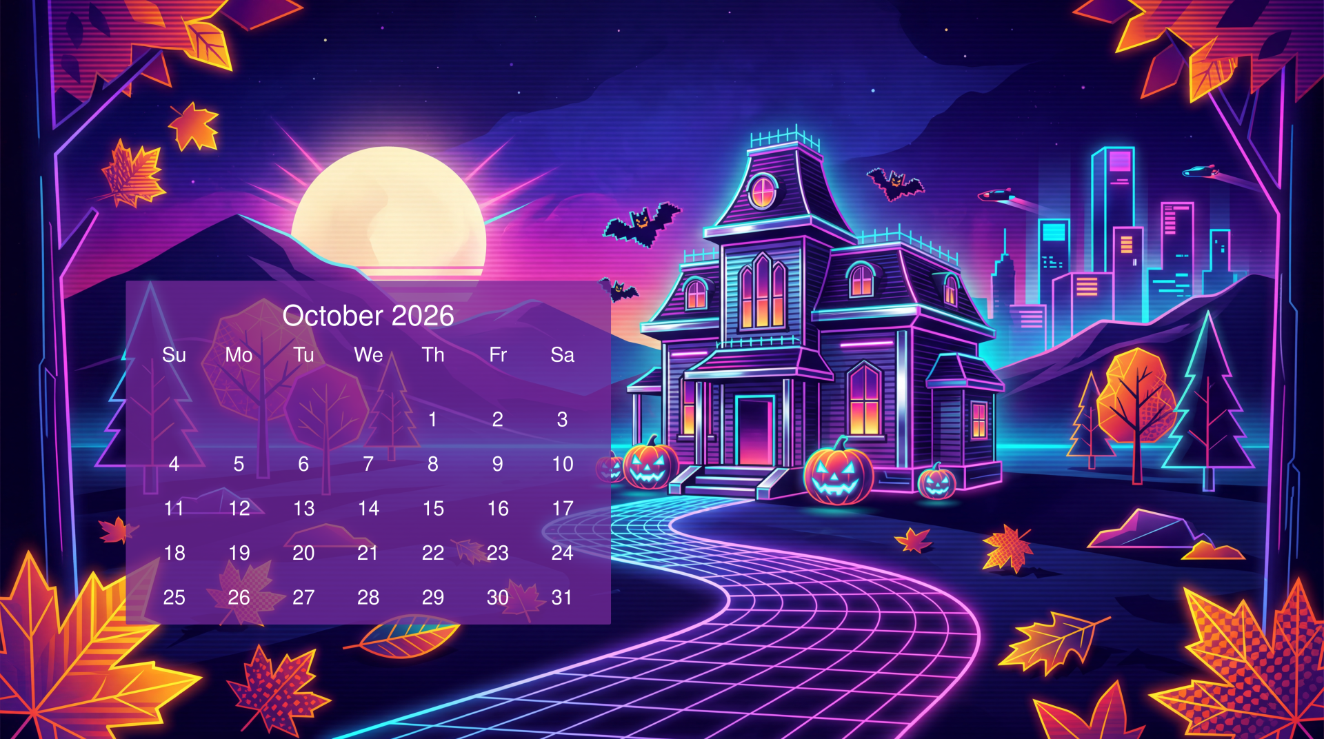 October 2026 calendar over a neon Halloween 5K Ultra HD PC Desktop Wallpaper and Background: haunted house, full moon, bats, jack-o'-lanterns, glowing city skyline and falling autumn leaves.