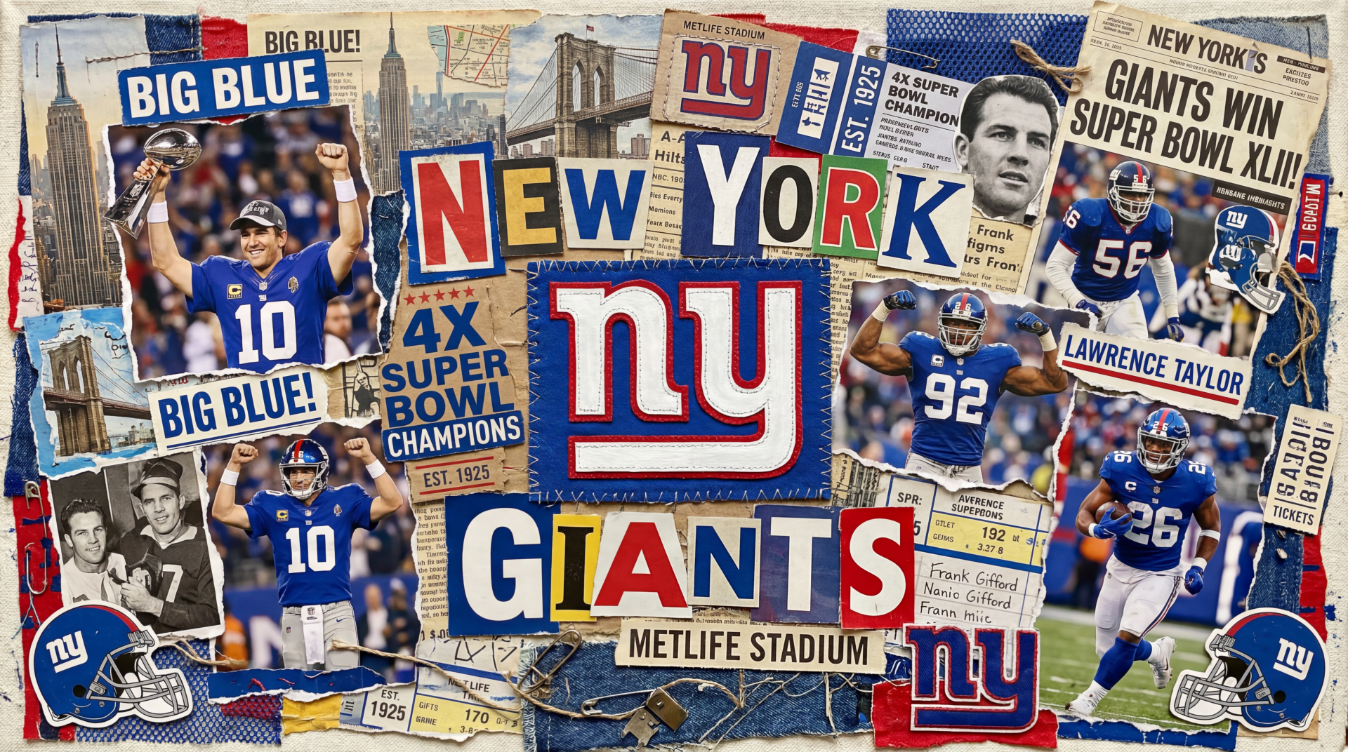 5K Ultra HD PC desktop wallpaper and background: collage of New York Giants logos, blue-uniformed players, MetLife Stadium and championship headlines.