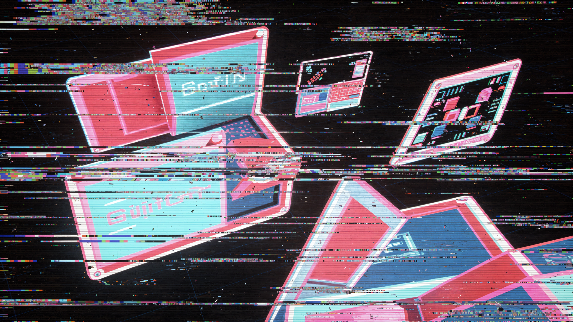 Glitchcore 4K Ultra HD PC desktop wallpaper/background: floating glitching laptops and screens in pink, cyan and black with scanline distortion.