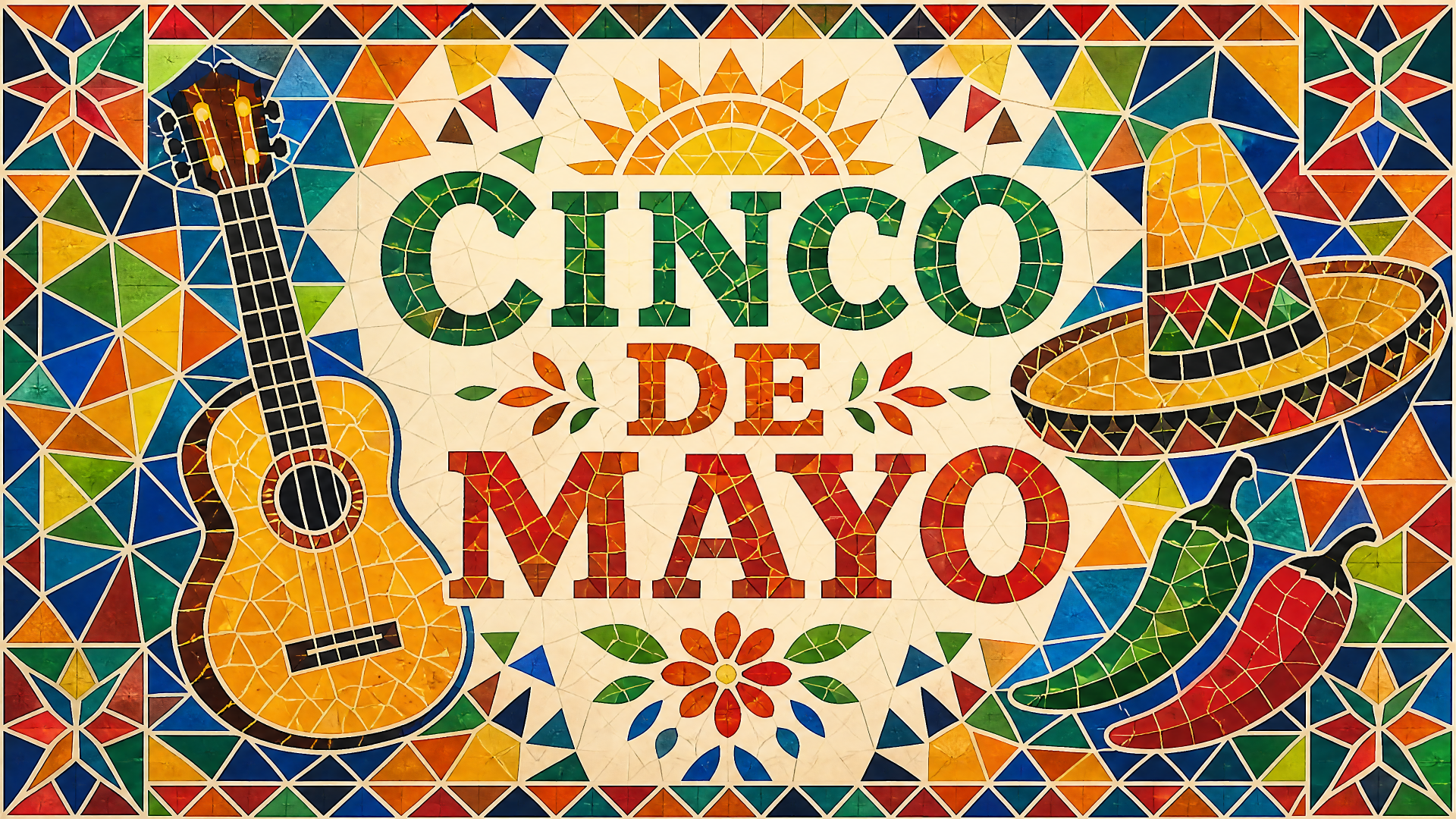 4K Ultra HD PC desktop wallpaper/background: vibrant mosaic Cinco de Mayo design with guitar, sombrero, chilies, sun and colorful geometric tiles.