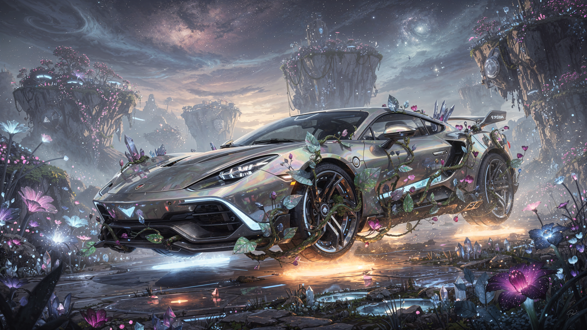 Futuristic damaged hypercar hovering in a neon bioluminescent alien landscape with floating rock pillars and cosmic sky — 4K Ultra HD PC Desktop Wallpaper and Background