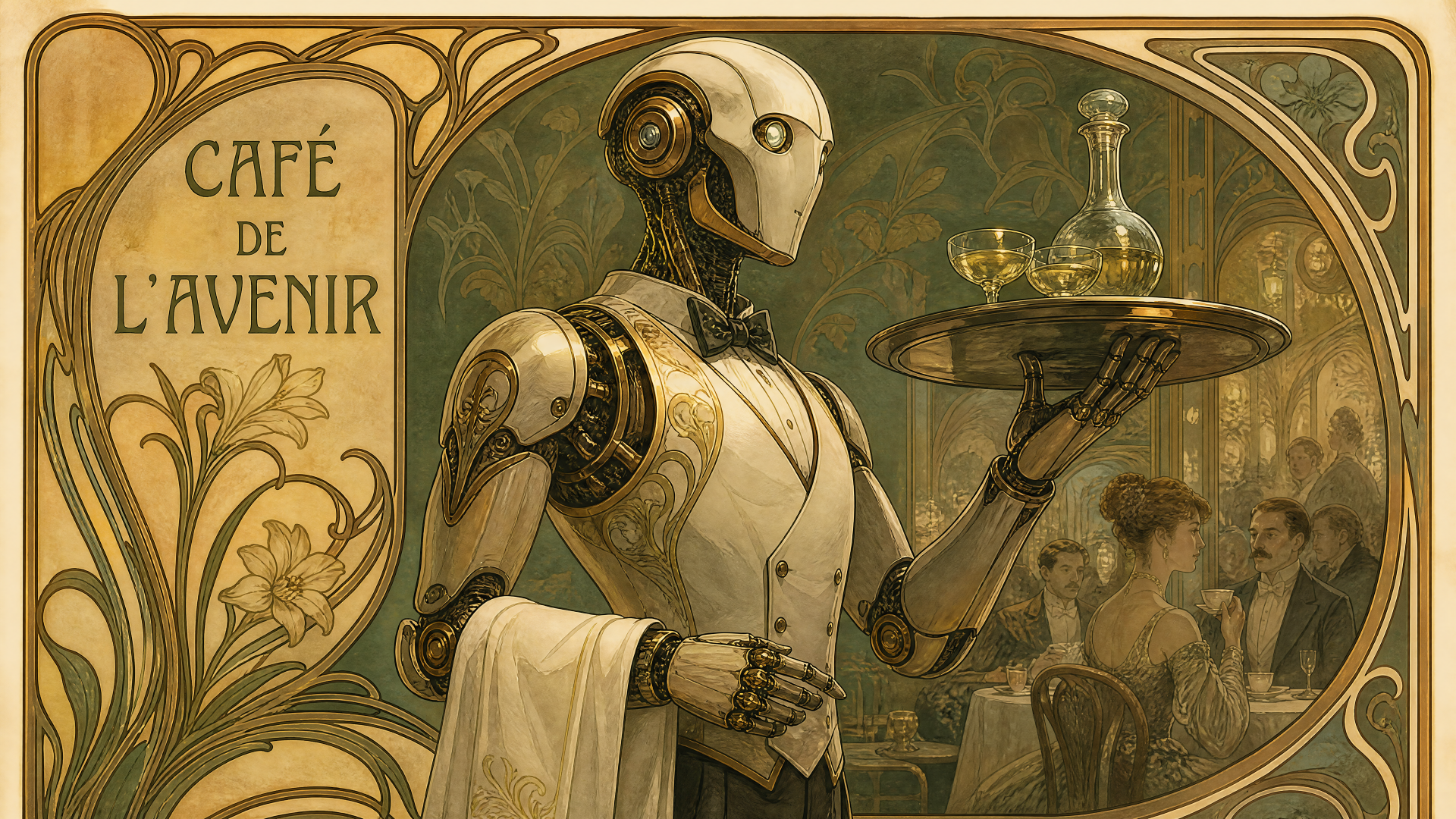 Art Nouveau robot waiter serving drinks in a vintage café scene, 4K Ultra HD PC desktop wallpaper and background.