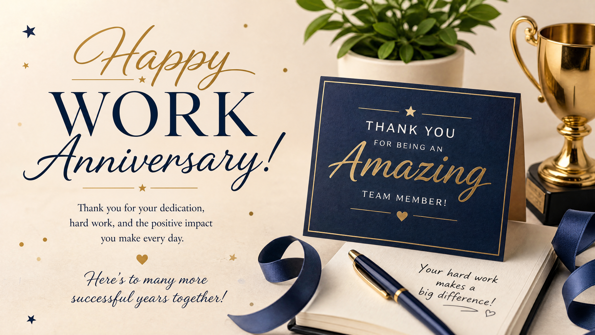 4K Ultra HD PC desktop wallpaper/background: elegant work anniversary scene with Happy Work Anniversary headline, thank-you card reading Thank you for being an Amazing team member, trophy, ribbon, pen, plant.