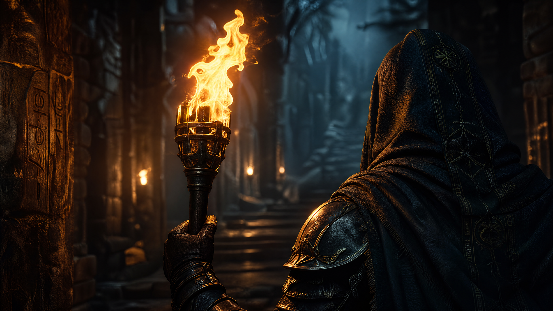 Hooded figure holds a blazing torch down a dark, misty forest corridor — 4K Ultra HD PC desktop wallpaper and background.