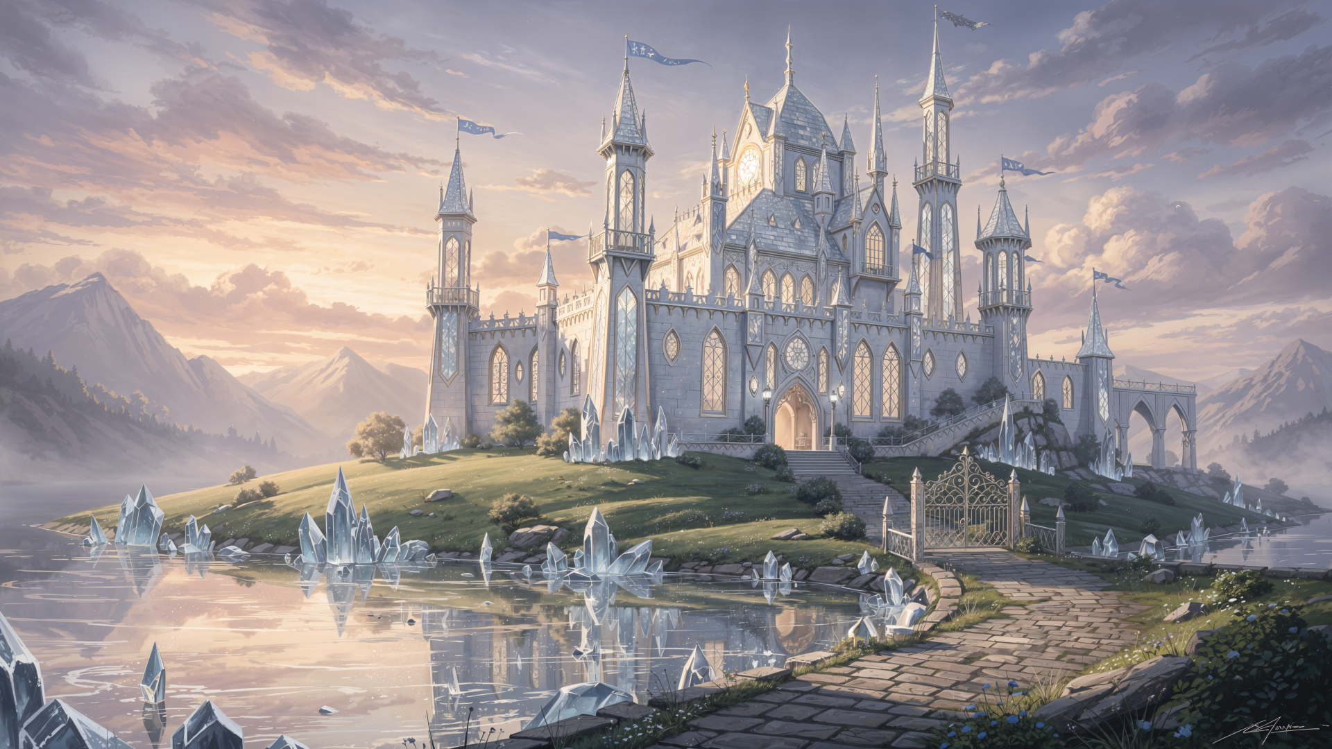 4K Ultra HD PC desktop wallpaper/background: luminous fairytale castle on a lakeshore with crystal reflections, towering spires, arched bridges and misty mountains under a pastel sunrise.