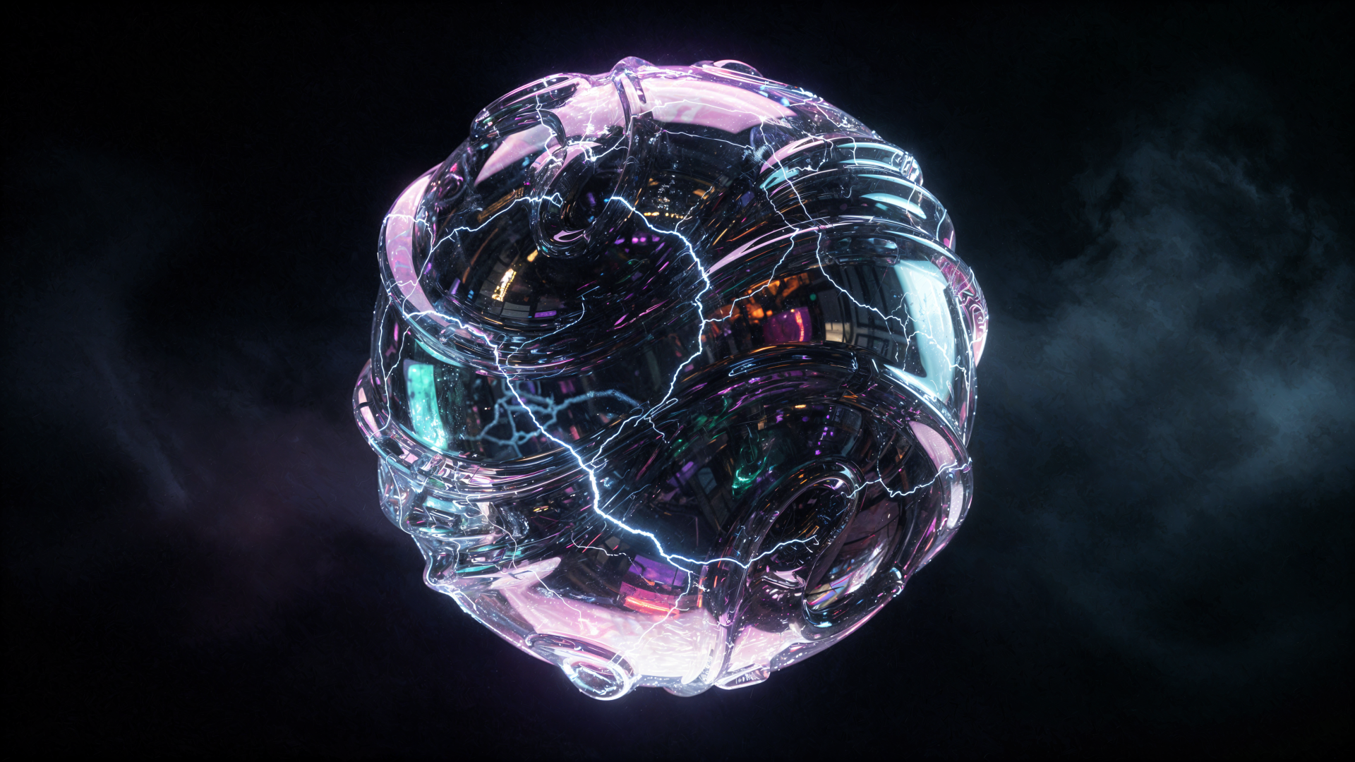 4K Ultra HD PC desktop wallpaper/background: a translucent energy orb with neon circuitry and crackling light, hovering in a smoky dark void.