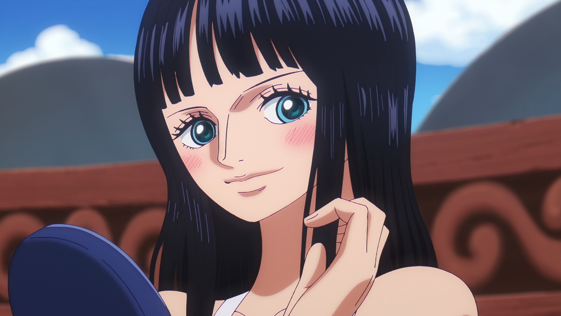 HD PC desktop wallpaper of Nico Robin (One Piece): anime close-up portrait with a soft smile, long dark hair and blue eyes, ship deck and bright sky in the background.
