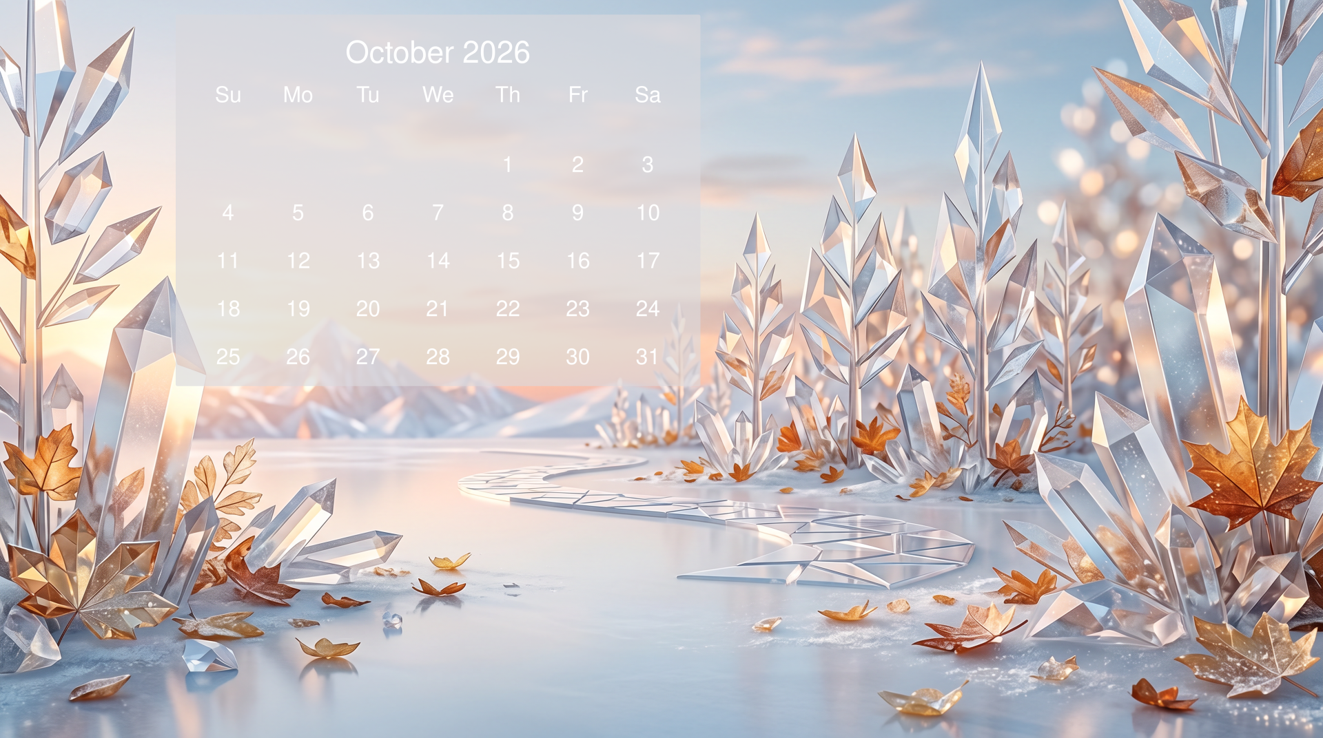 October 2026 calendar 5K Ultra HD PC desktop wallpaper background depicting a crystalline autumn landscape with golden leaves floating on a glassy icy lake.