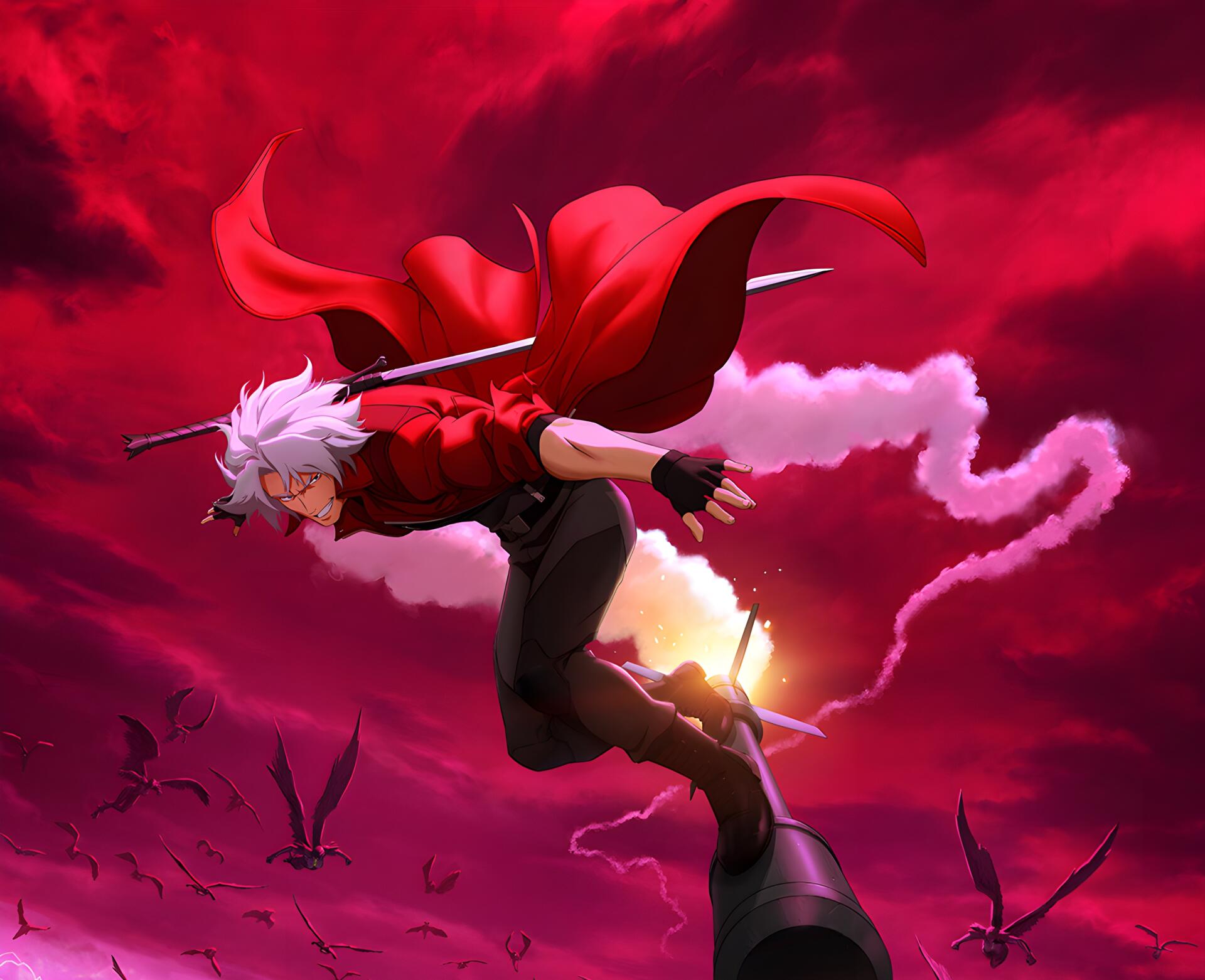 Anime Devil May Cry wallpaper: Dante in a red coat leaps through a crimson sky, sword over his shoulder, bats and smoky trails behind — 4K Ultra HD PC desktop background.