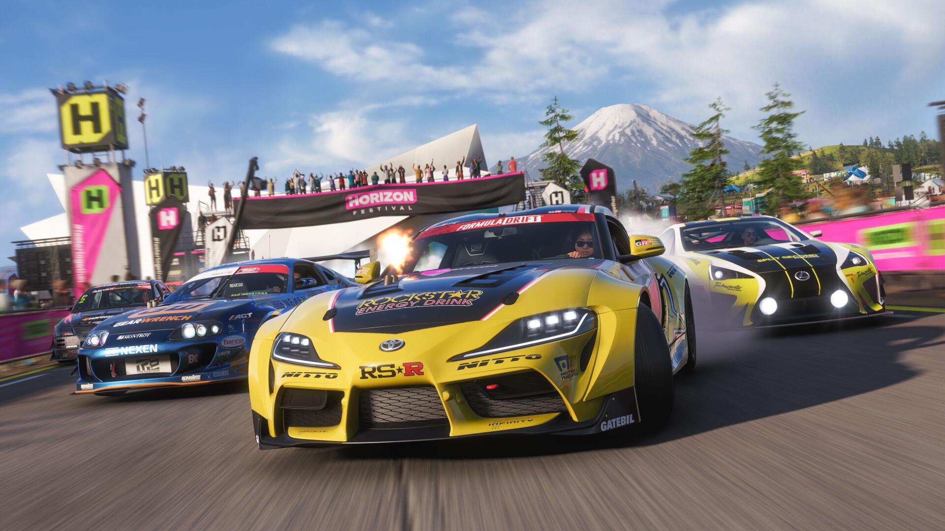Forza Horizon 6 video game 4K Ultra HD PC desktop wallpaper: yellow sports car leads a pack through a colorful festival race with mountains, banners, and cheering crowds.