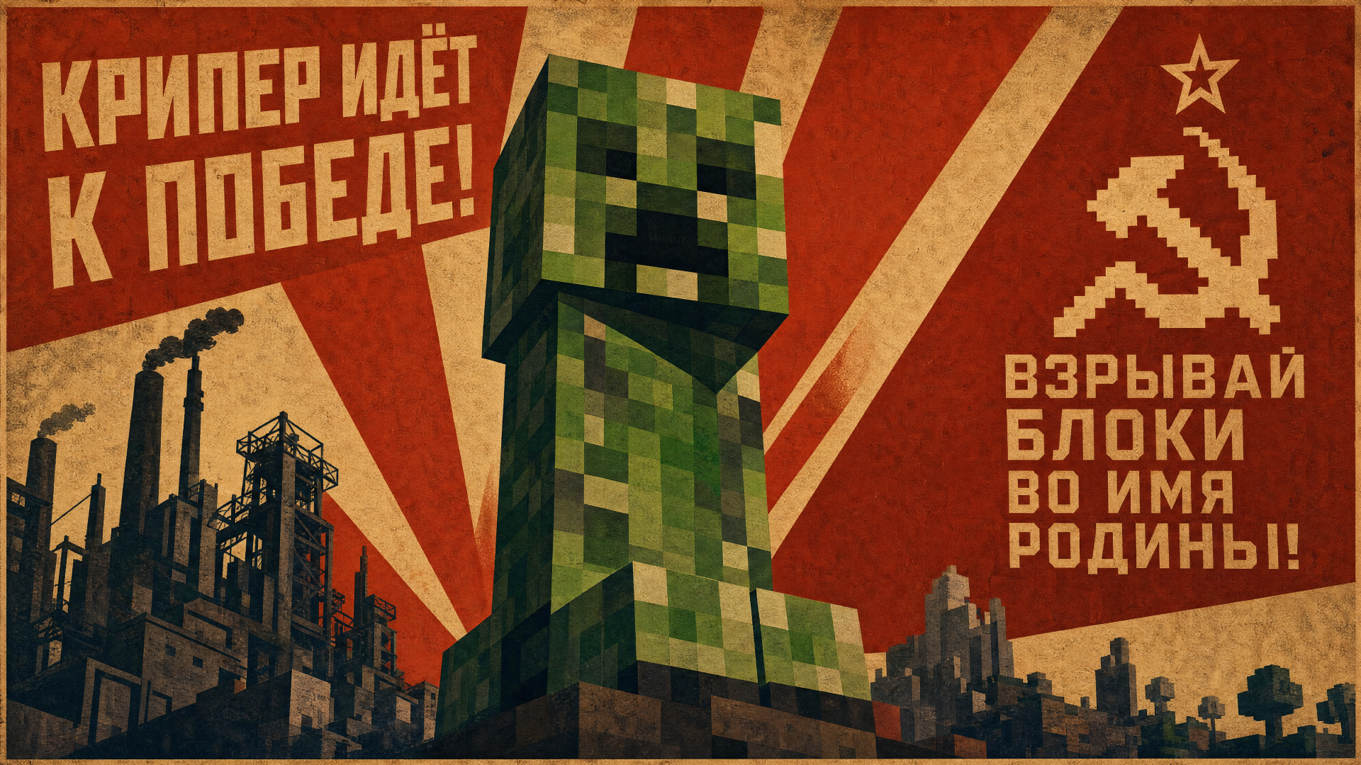 4K Ultra HD PC desktop wallpaper: Minecraft Creeper in a Soviet-style propaganda poster with red rays, hammer and sickle, Cyrillic slogans and an industrial skyline.