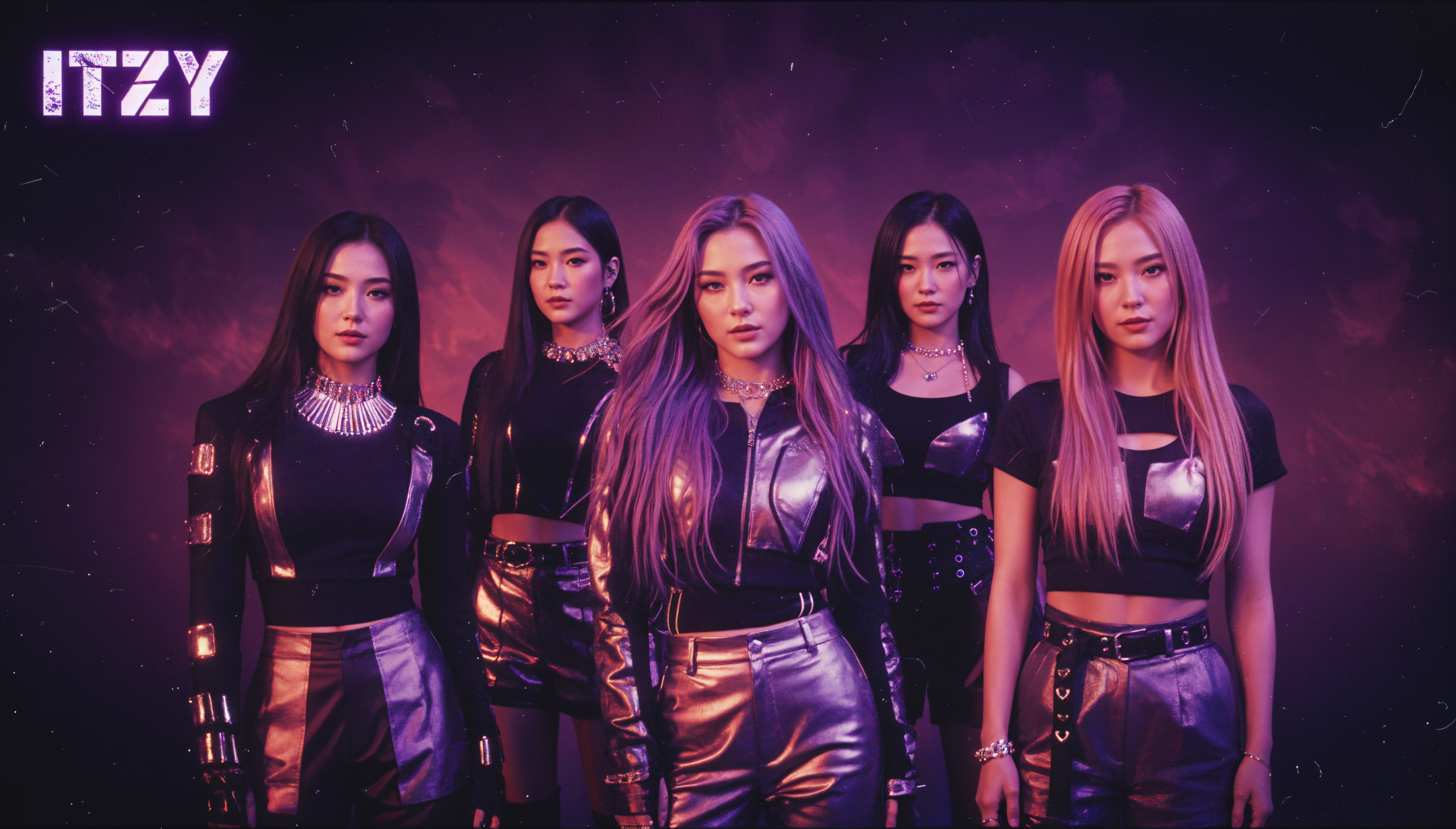 4K Ultra HD PC desktop wallpaper of five women in metallic outfits under purple lighting, posing confidently with a bold logo in the top-left corner.