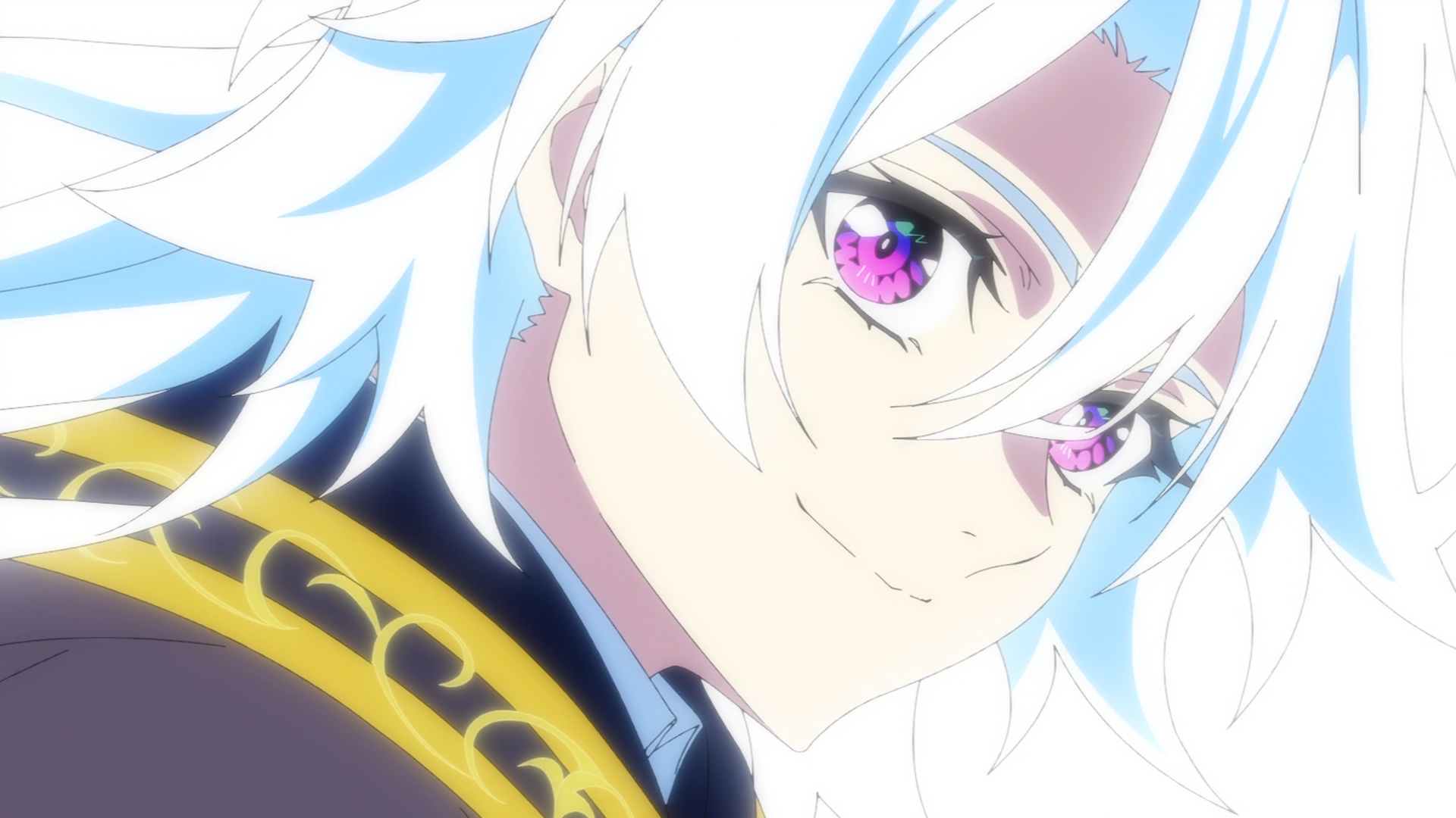 HD anime desktop wallpaper: close-up of Will Serfort from Wistoria: Wand and Sword — white hair, glowing pink-violet eyes, gentle smile and ornate gold-trimmed collar.
