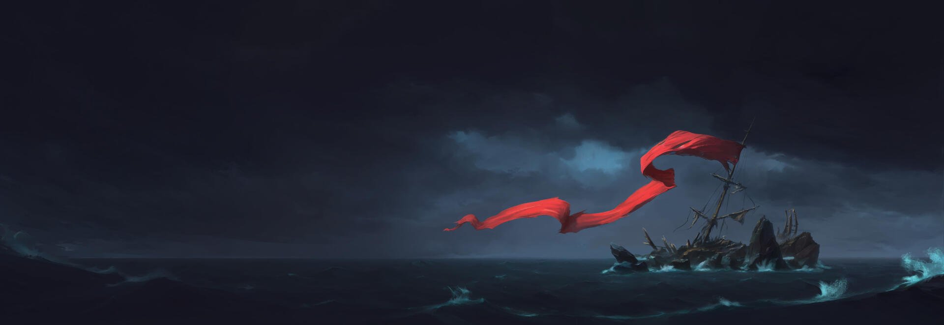Windrose video game 2K Quad HD PC wallpaper: dark ocean under a stormy sky, wrecked ship at right and a red ribbon-like sail sweeping across the scene.