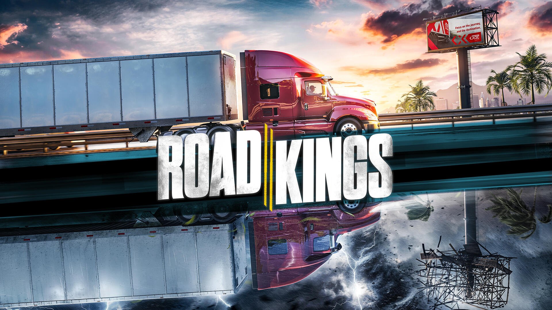 HD PC desktop wallpaper and background: Road Kings video game art — red semi truck hauling a trailer on a highway, bold ROAD KINGS logo centered with a mirrored stormy water reflection below.
