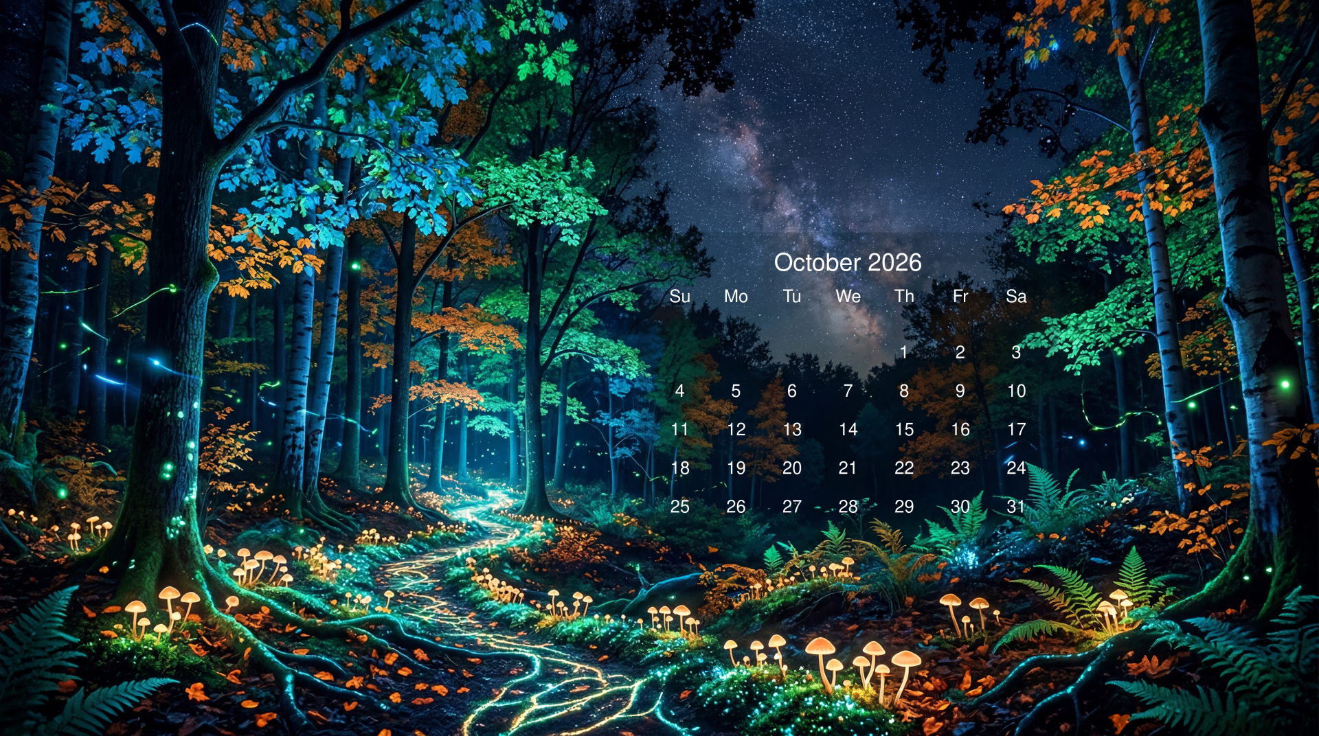 October 2026 calendar over a glowing bioluminescent forest path beneath a starry sky with mushrooms and ferns — 5K Ultra HD PC desktop wallpaper and background.