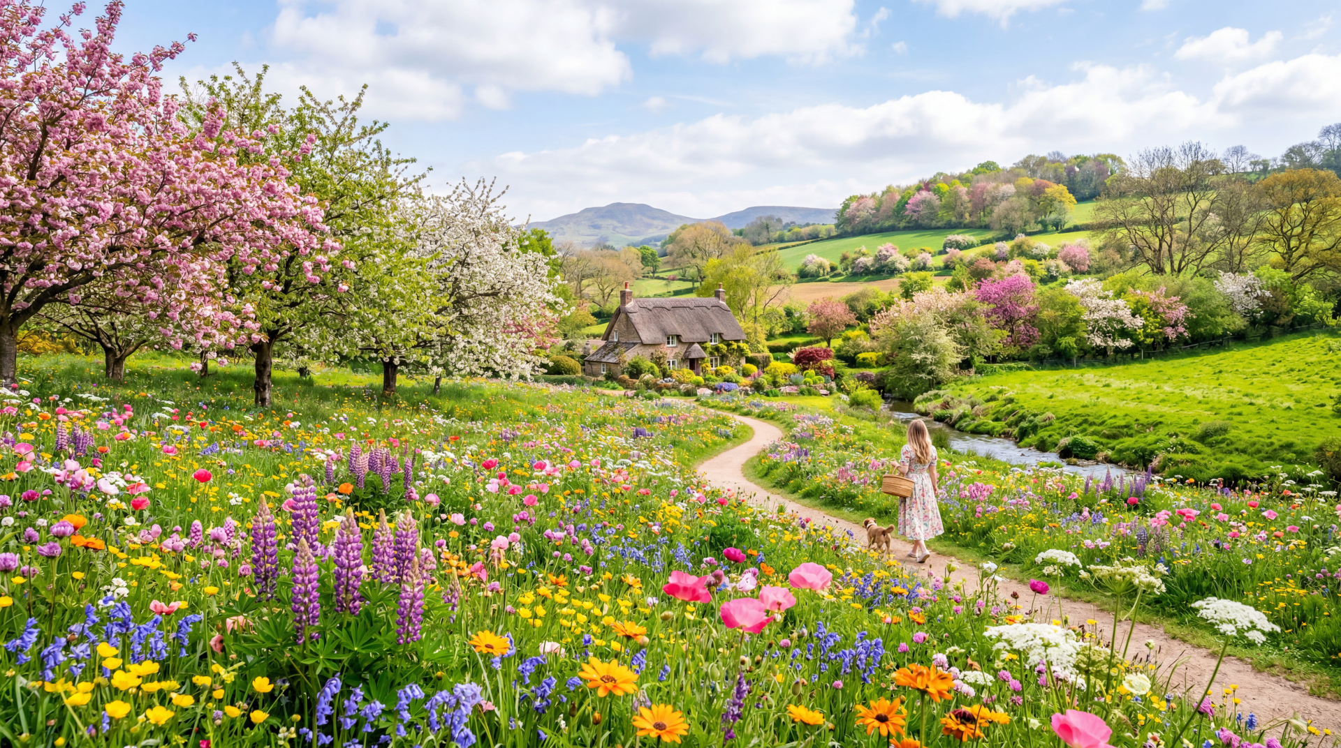 5K Ultra HD PC Desktop Wallpaper and Background: colorful spring meadow (spring, colorful spring) with wildflowers, blossoming trees, a winding path and a girl in a dress.